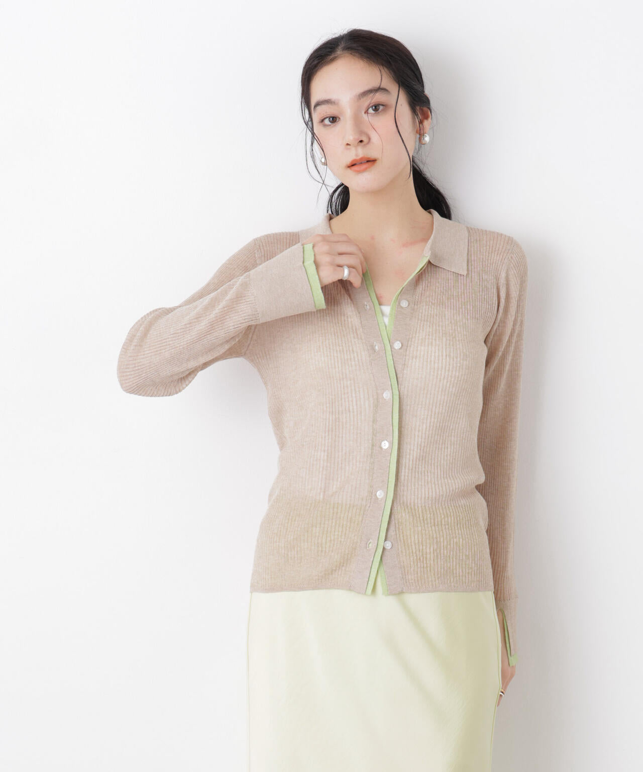 バイカラーシアーリブ衿付きカーディガン 6696122315