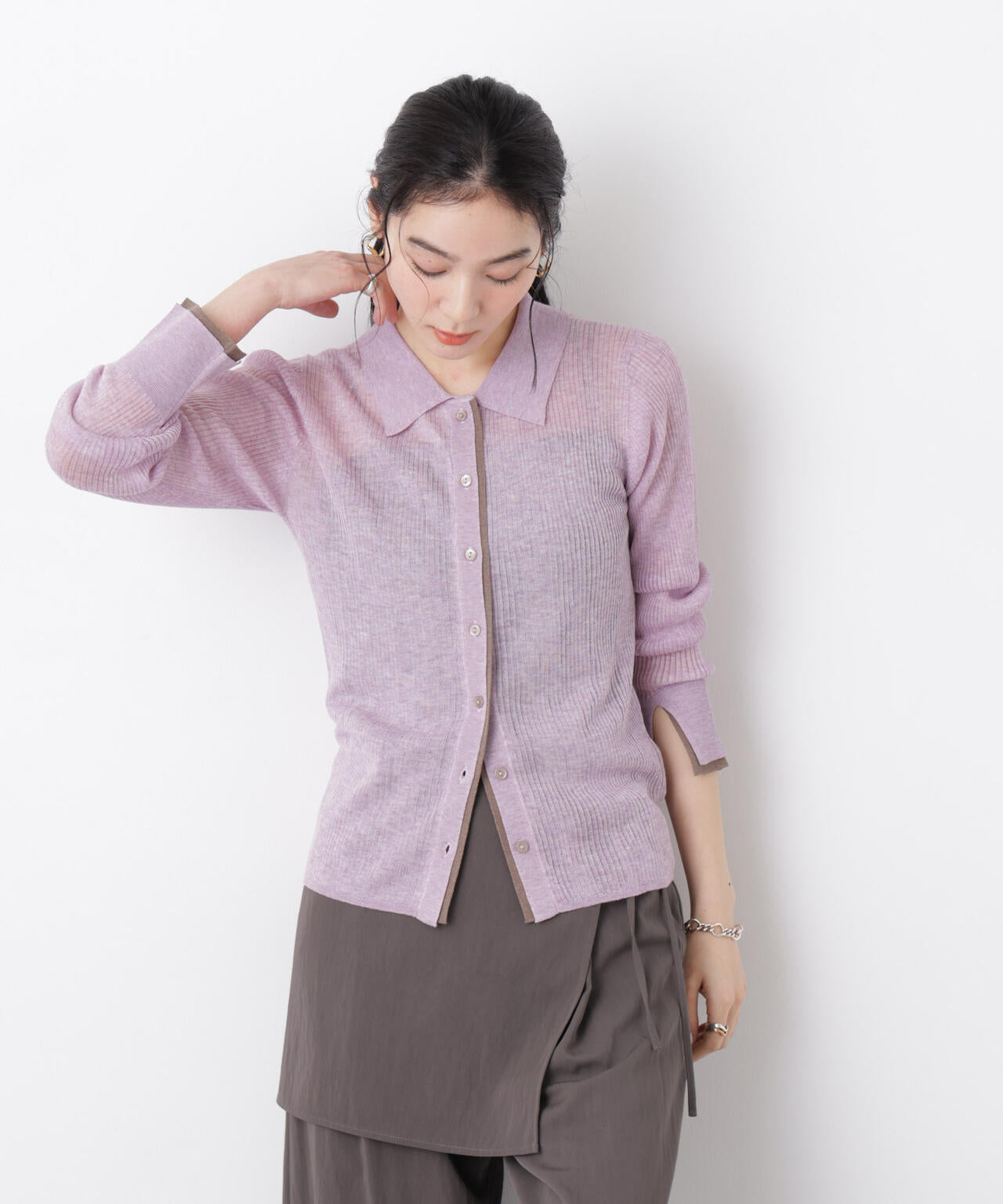 バイカラーシアーリブ衿付きカーディガン 6696122315