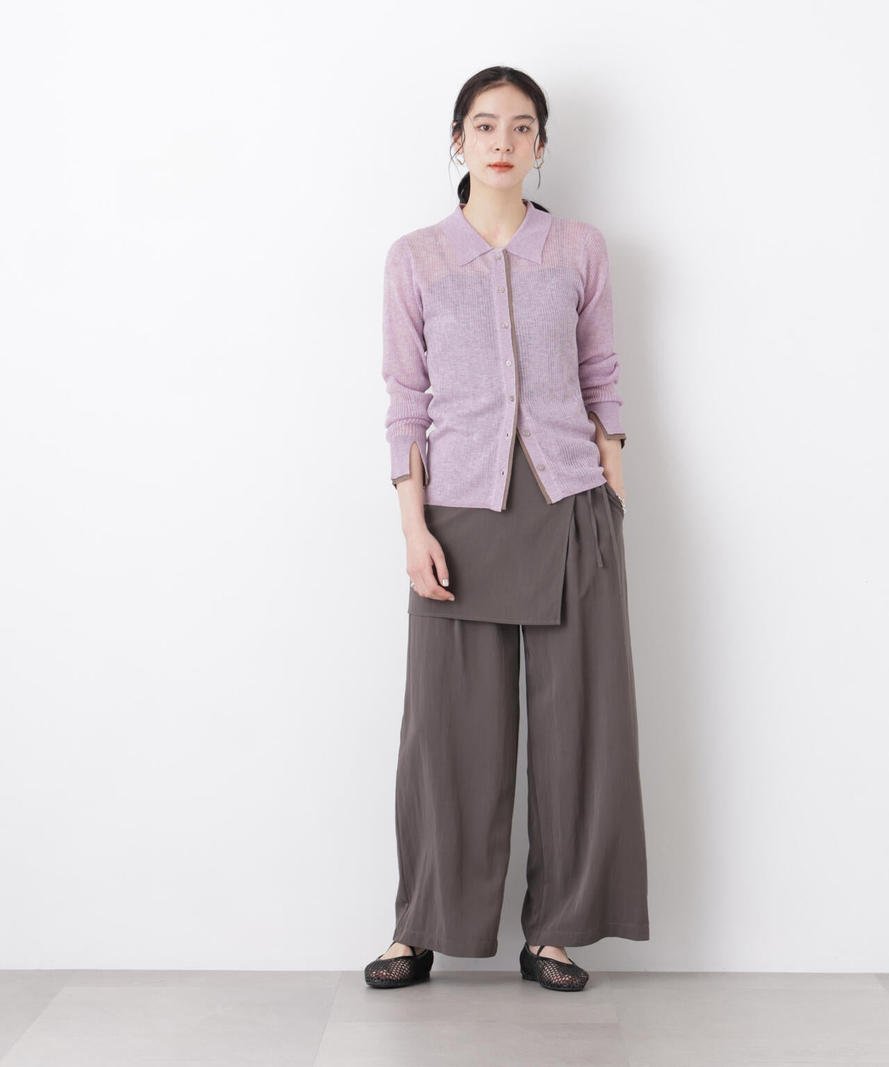 バイカラーシアーリブ衿付きカーディガン 6696122315