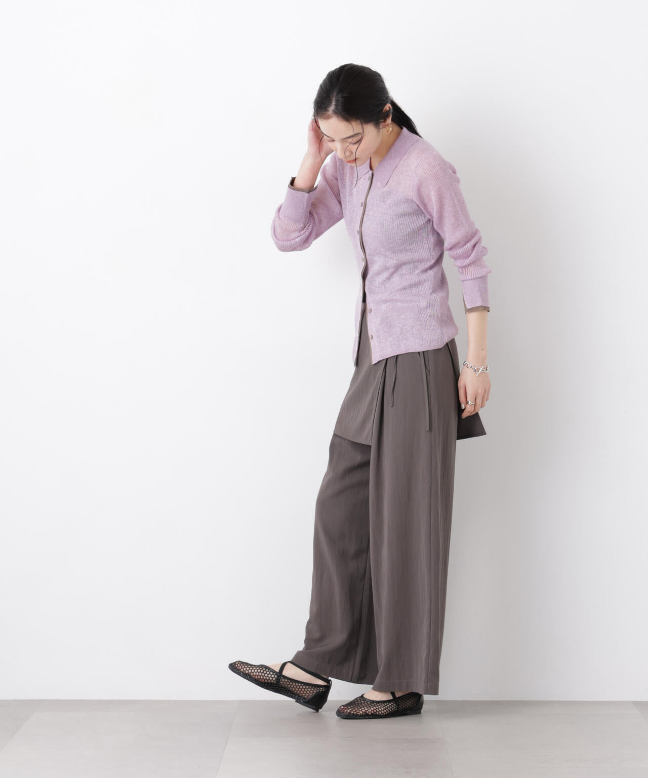 バイカラーシアーリブ衿付きカーディガン 6696122315