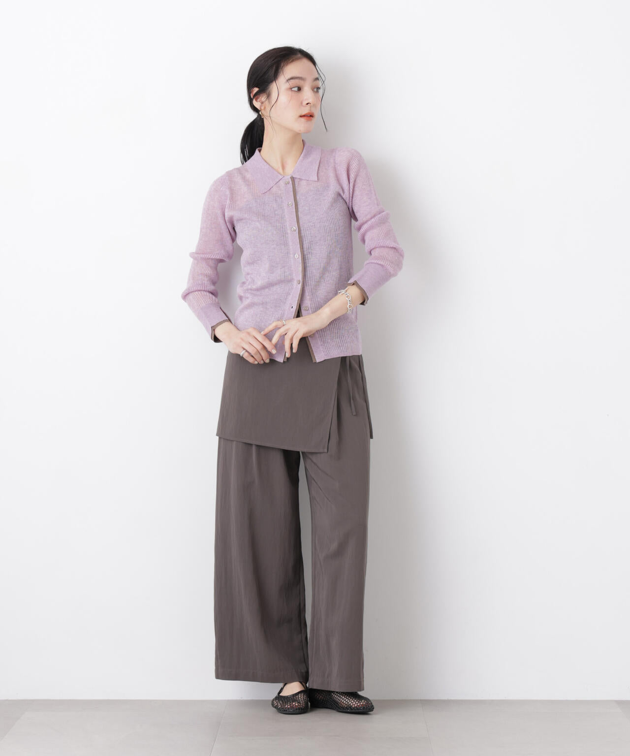 バイカラーシアーリブ衿付きカーディガン 6696122315