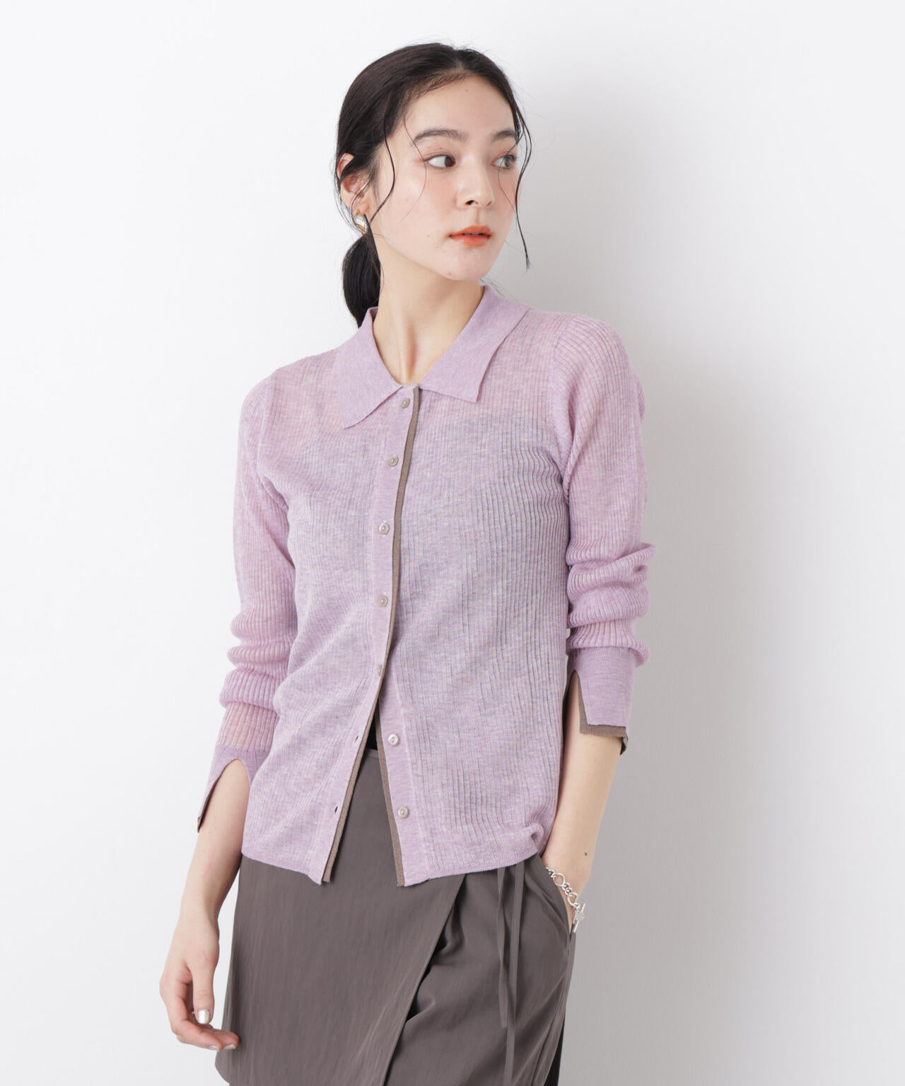 バイカラーシアーリブ衿付きカーディガン 6696122315