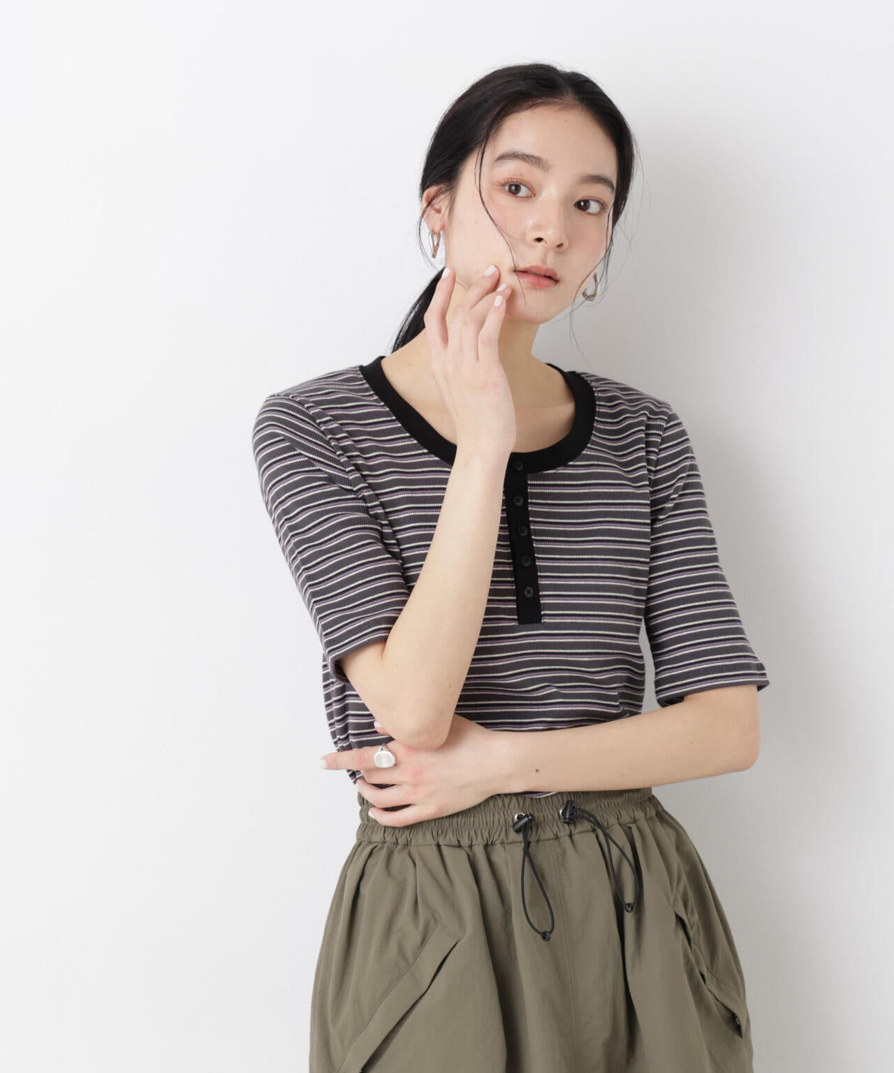 ボーダーテレコヘンリーネックTシャツ 6696124322