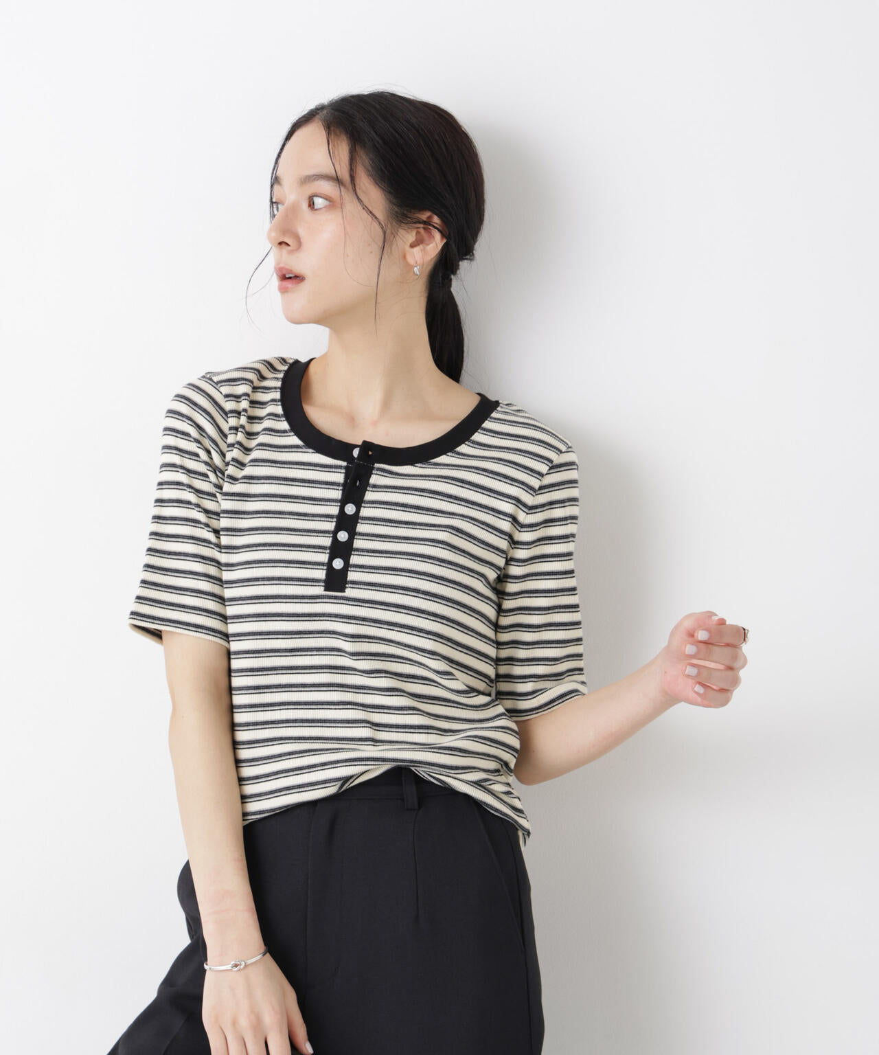 ボーダーテレコヘンリーネックTシャツ 6696124322