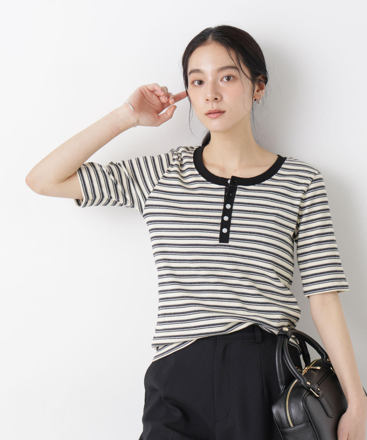 ボーダーテレコヘンリーネックTシャツ 6696124322