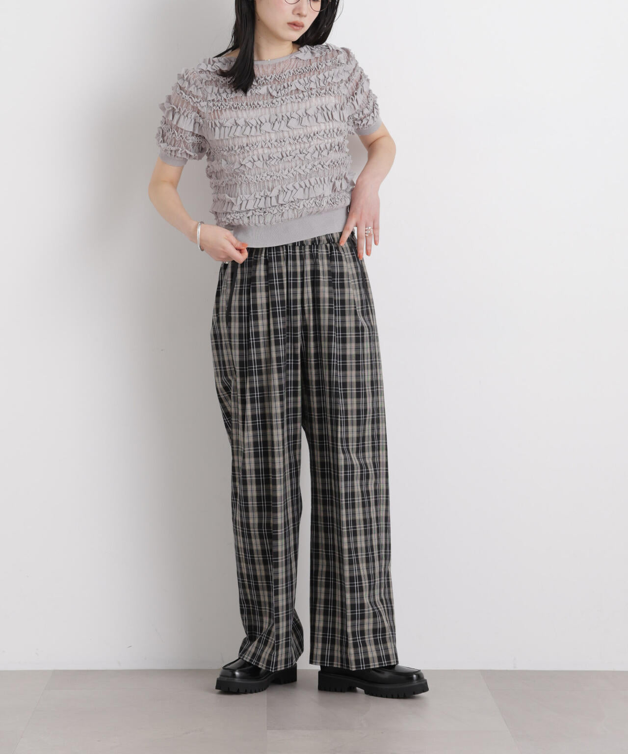 チェックイージーワイドパンツ 6696127312