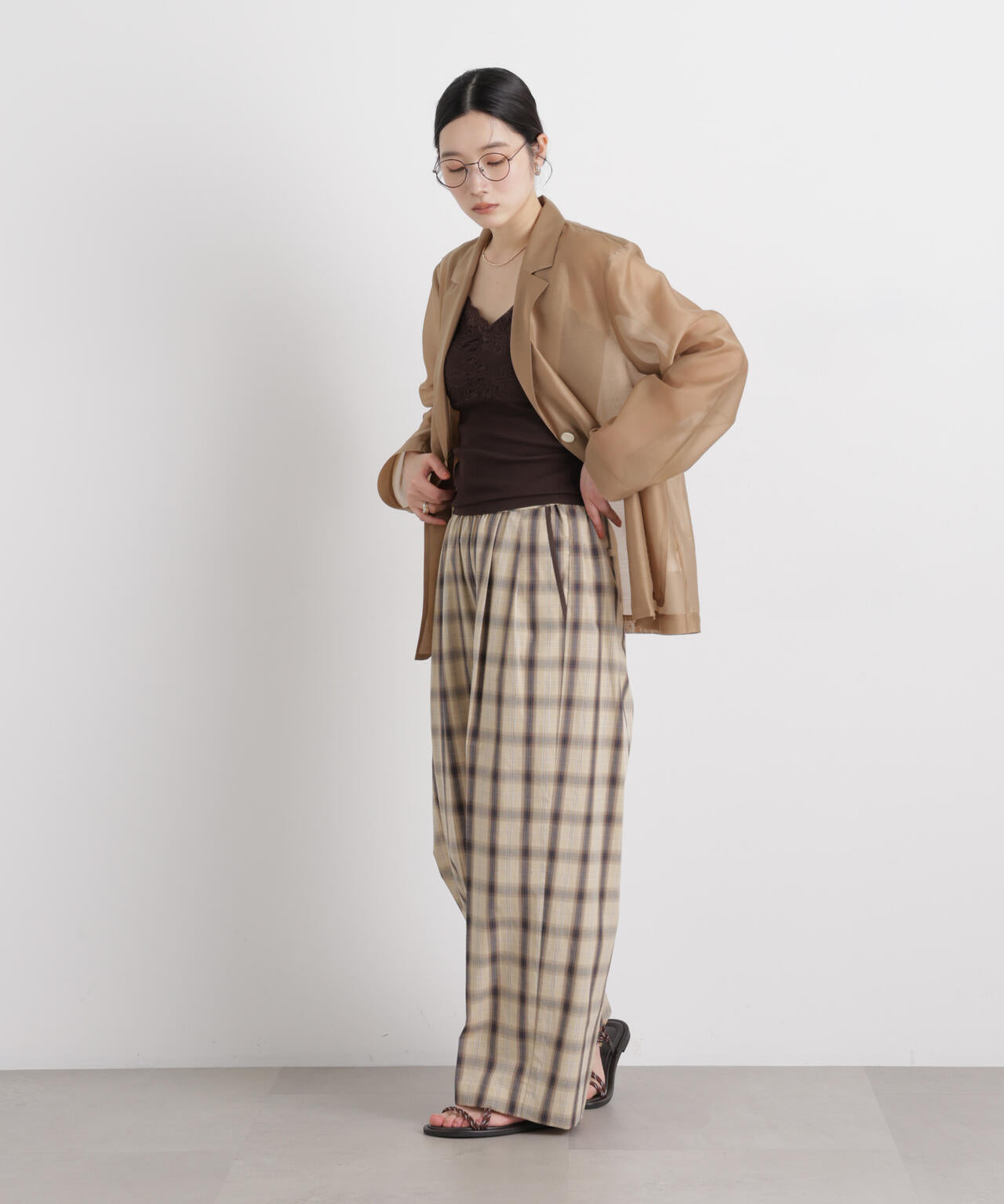 チェックイージーワイドパンツ 6696127312