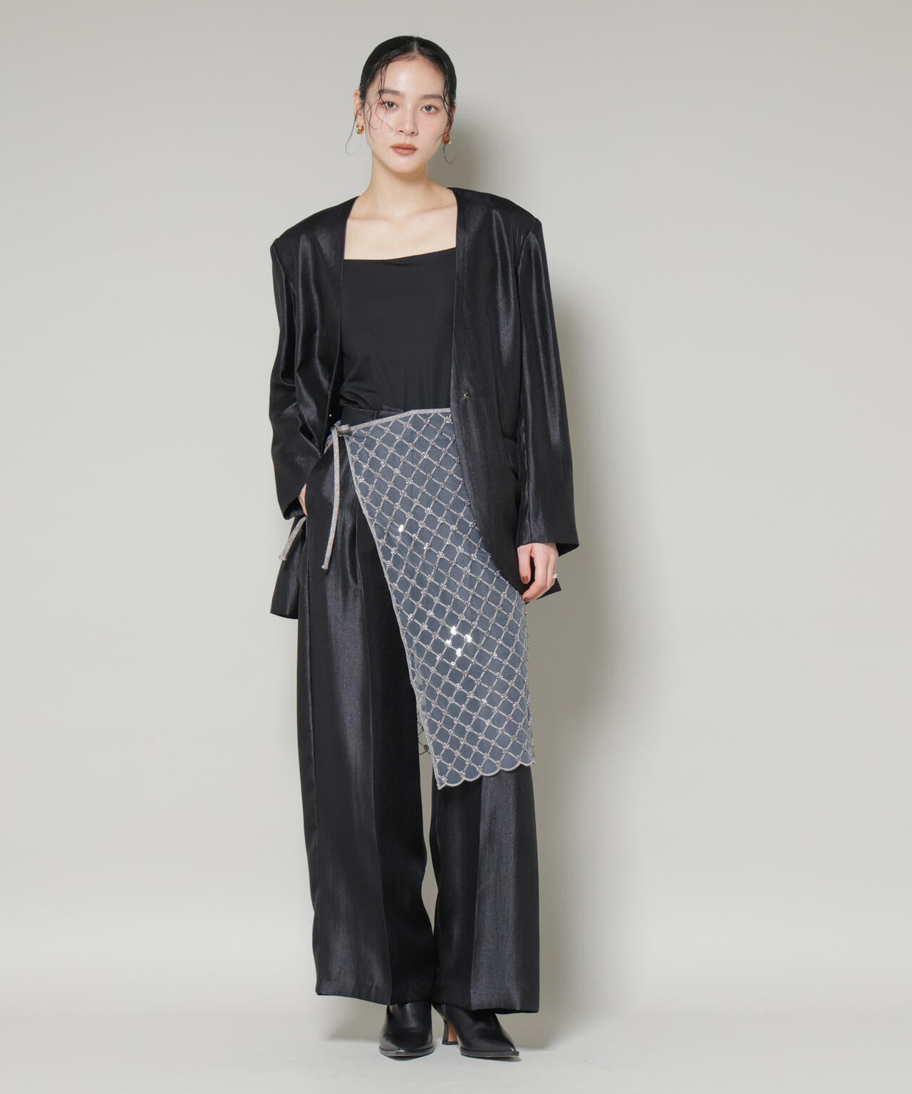 スパンコールビーズ刺繍ラップスカート 6696130300