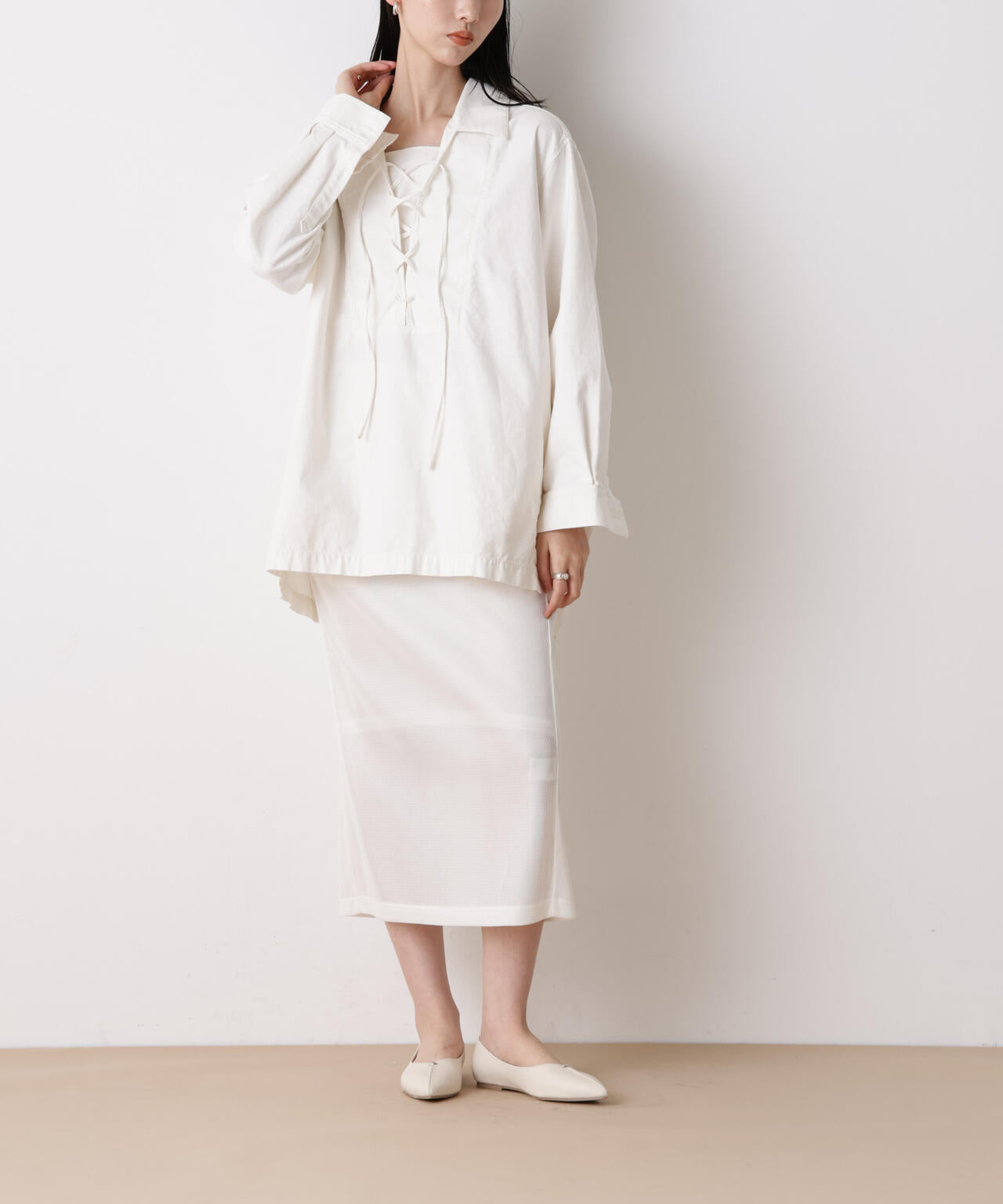 大きめS 長袖フーディ　内側メッシュ　フレアダンボールスカート　上下セット　春夏 STEVELOUR」シアーメッシュ ダンボール タイトスカート ( セットアップ 可)