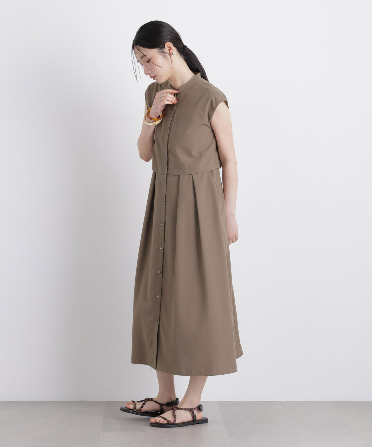 レイヤード風スタンドカラーシャツワンピース 6696219303