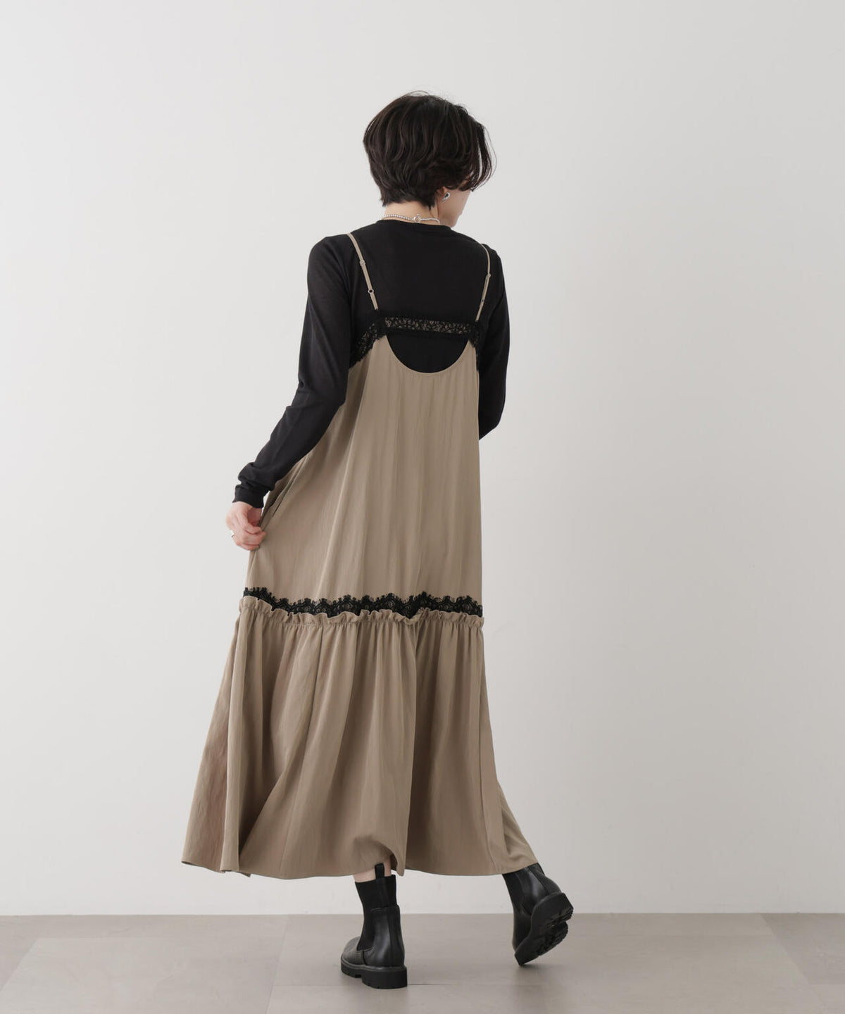 レーストリムツイルギャザーキャミワンピース 6696219311