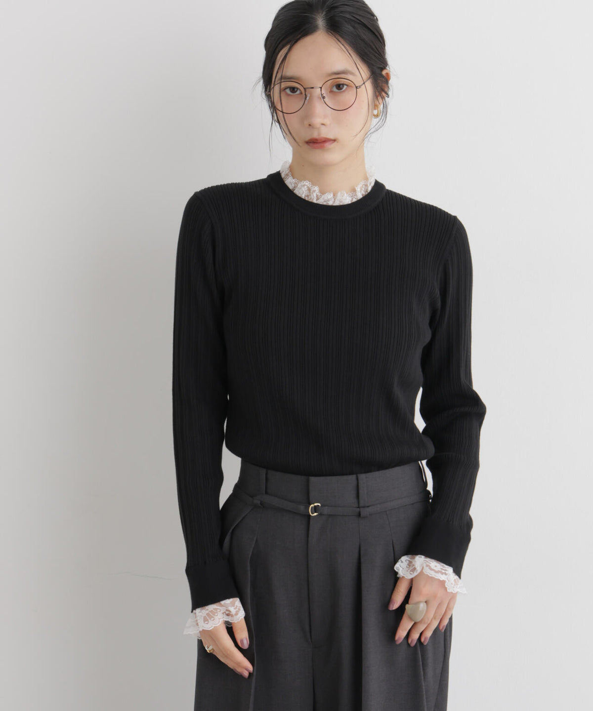 CICA&UVカット加工レースフリル付きリブニット 6696222319
