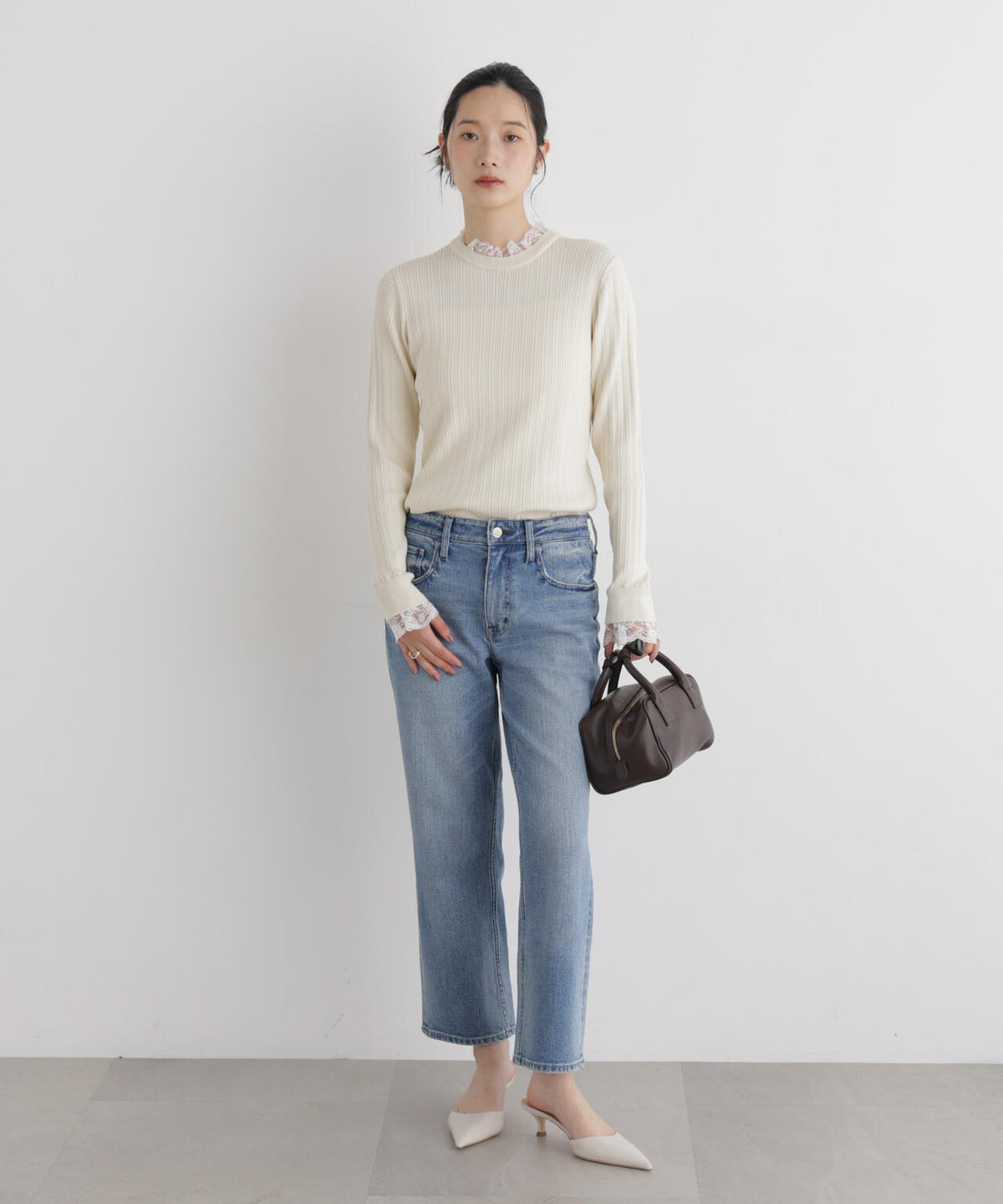 CICA&UVカット加工レースフリル付きリブニット 6696222319