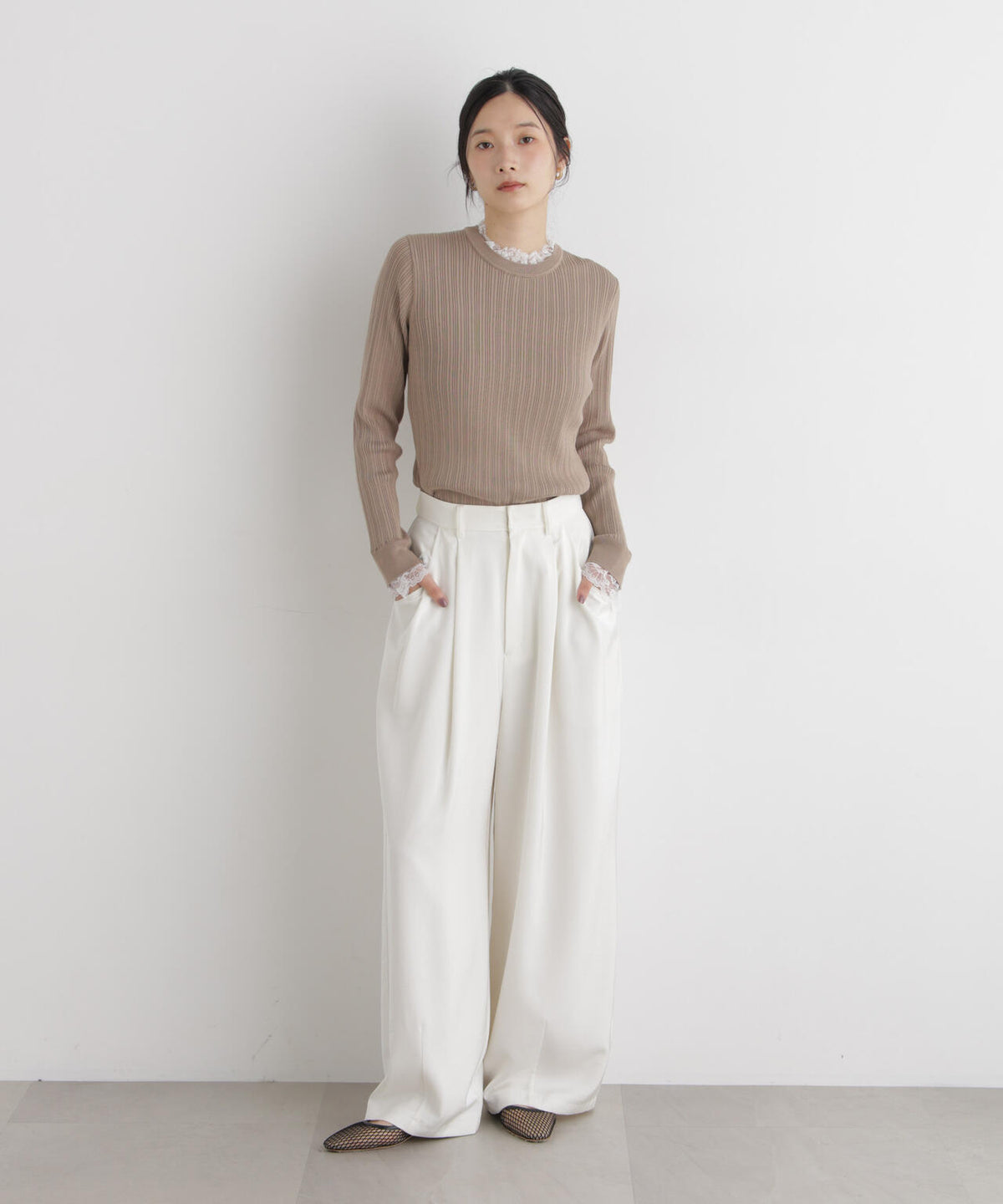 CICA&UVカット加工レースフリル付きリブニット 6696222319