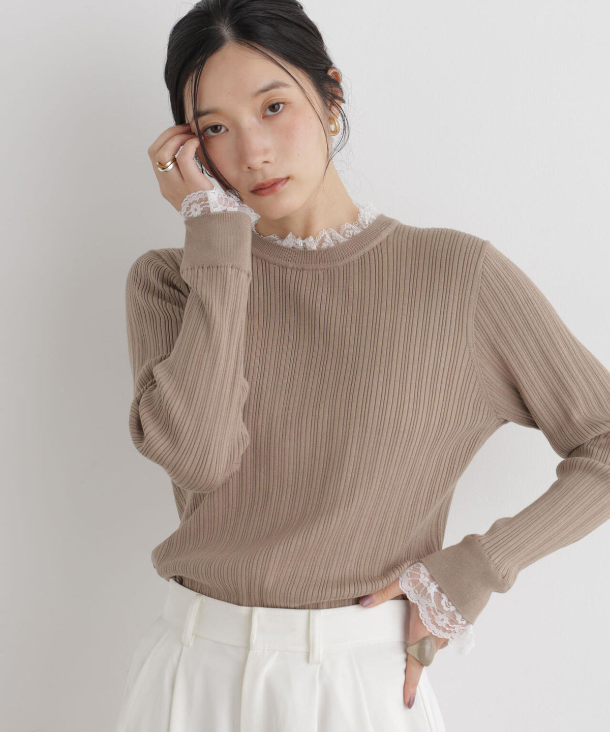 CICA&UVカット加工レースフリル付きリブニット 6696222319