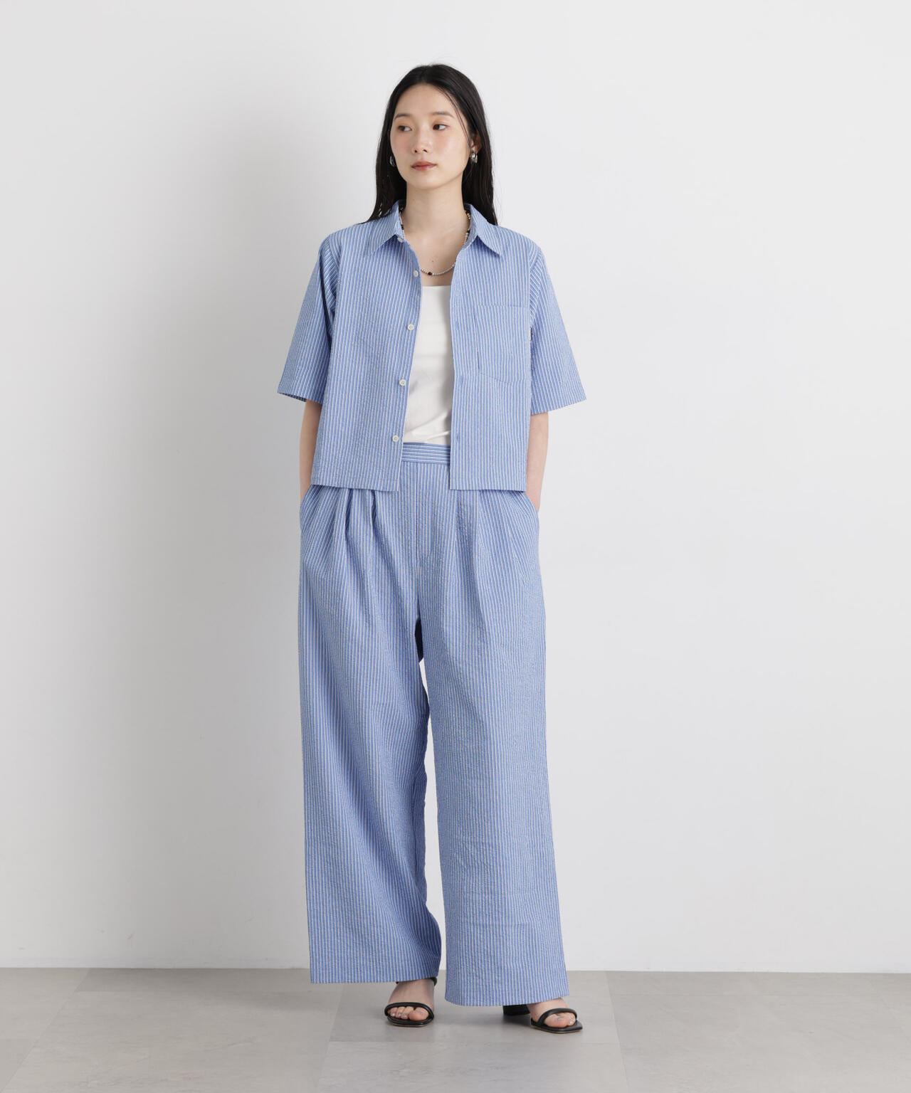THOUSAND MILE/SEERSUCKER STRIPE WIDE PANTS(セットアップ可) 6716127017