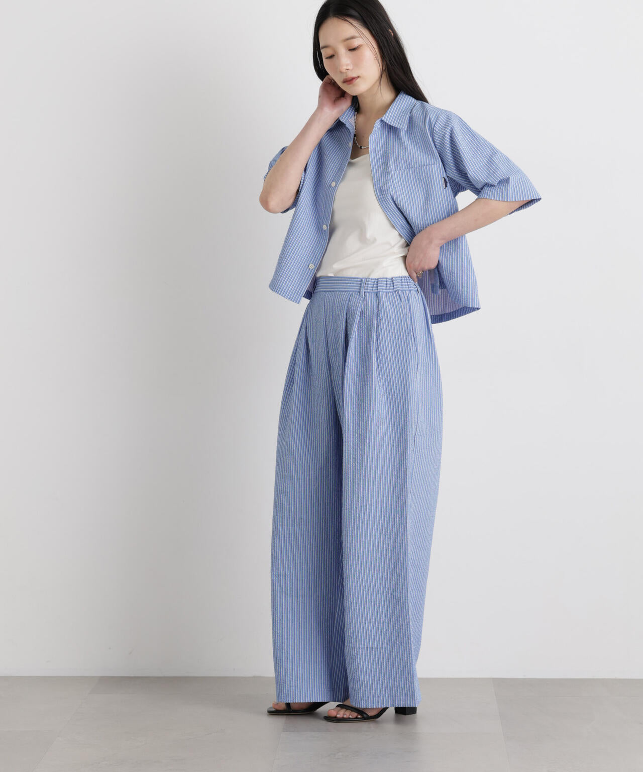 THOUSAND MILE/SEERSUCKER STRIPE WIDE PANTS(セットアップ可) 6716127017
