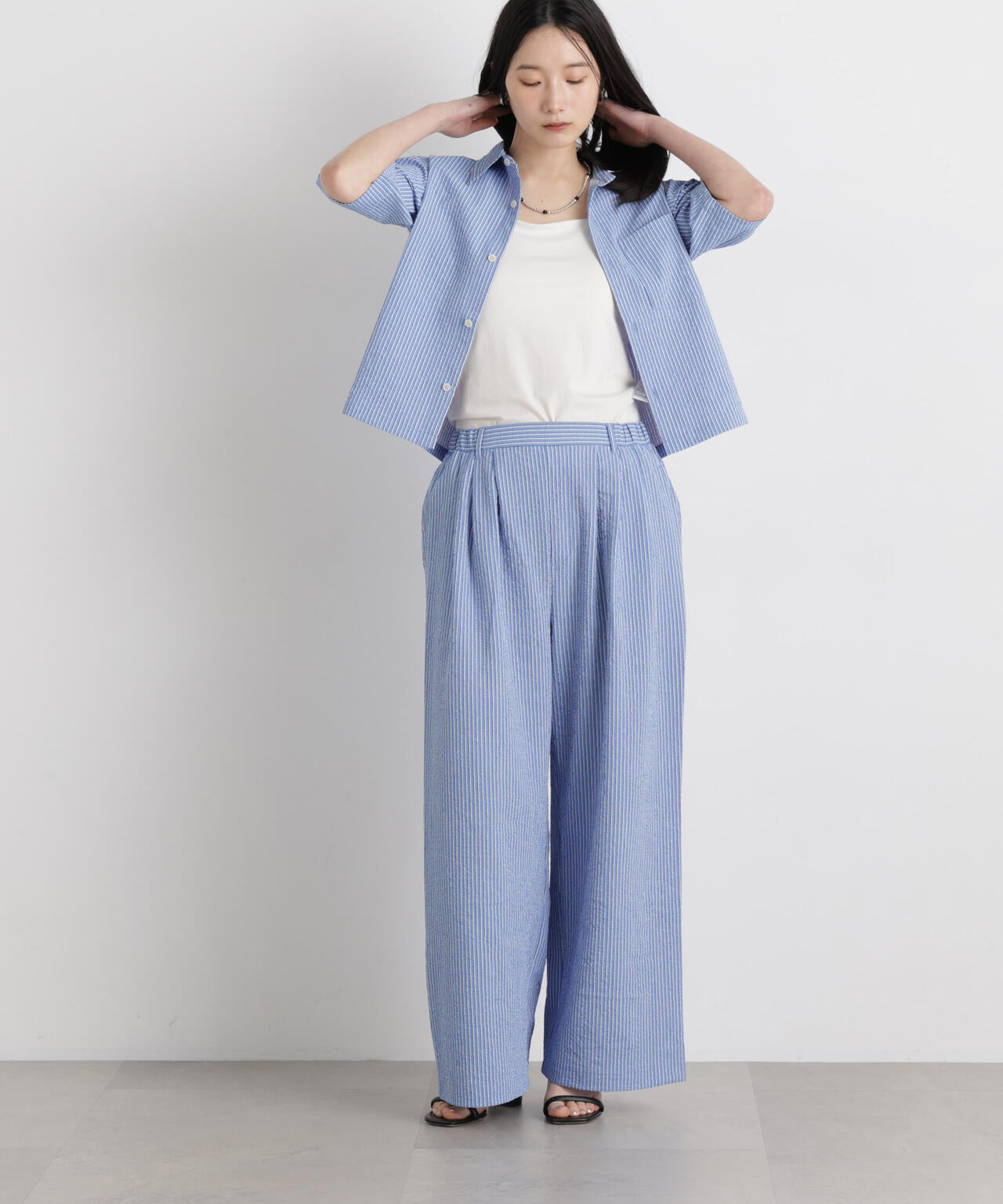 THOUSAND MILE/SEERSUCKER STRIPE WIDE PANTS(セットアップ可) 6716127017