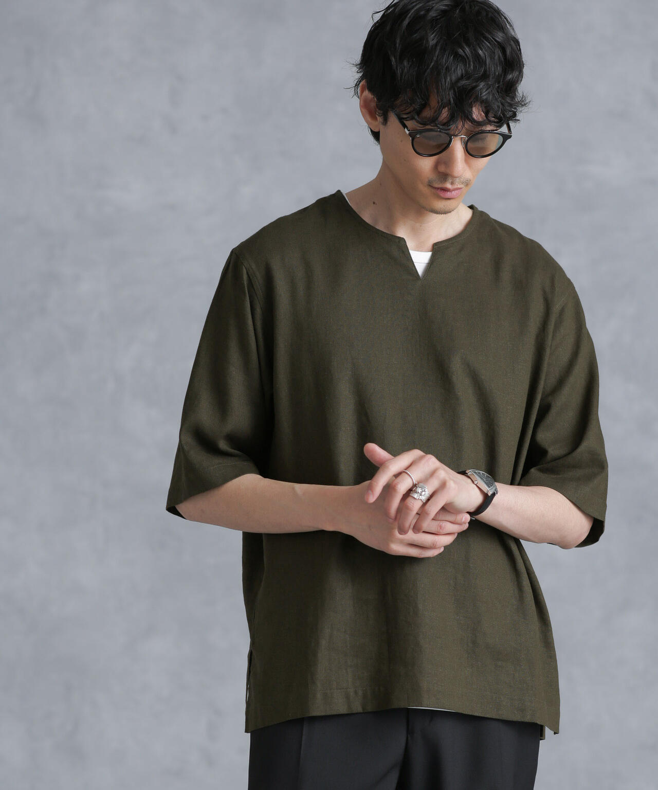 フレンチリネンプルオーバーシャツ 半袖 6724121207