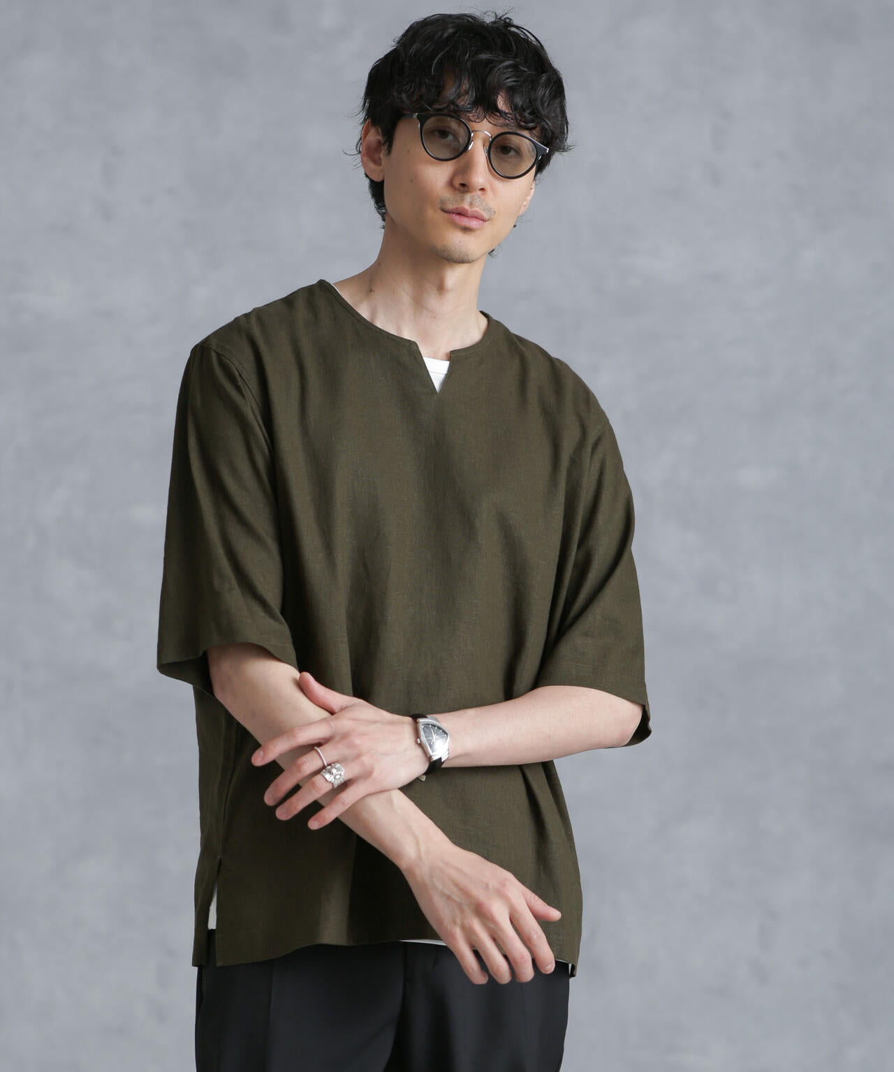 フレンチリネンプルオーバーシャツ 半袖 6724121207