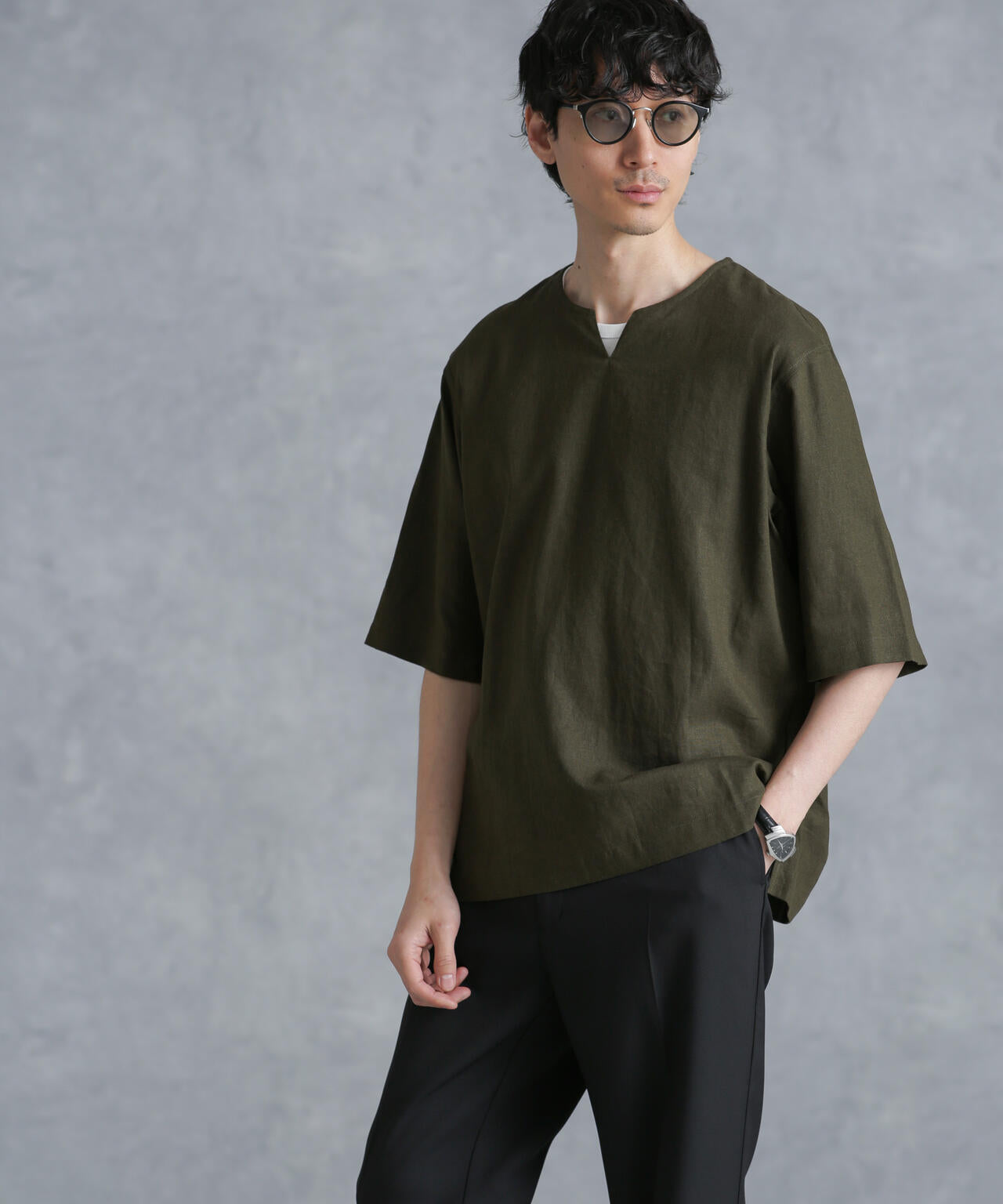 フレンチリネンプルオーバーシャツ 半袖 6724121207