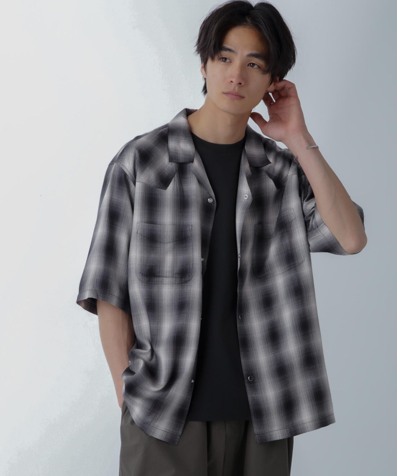 レーヨンオンブレチェックシャツ 半袖 6724121222