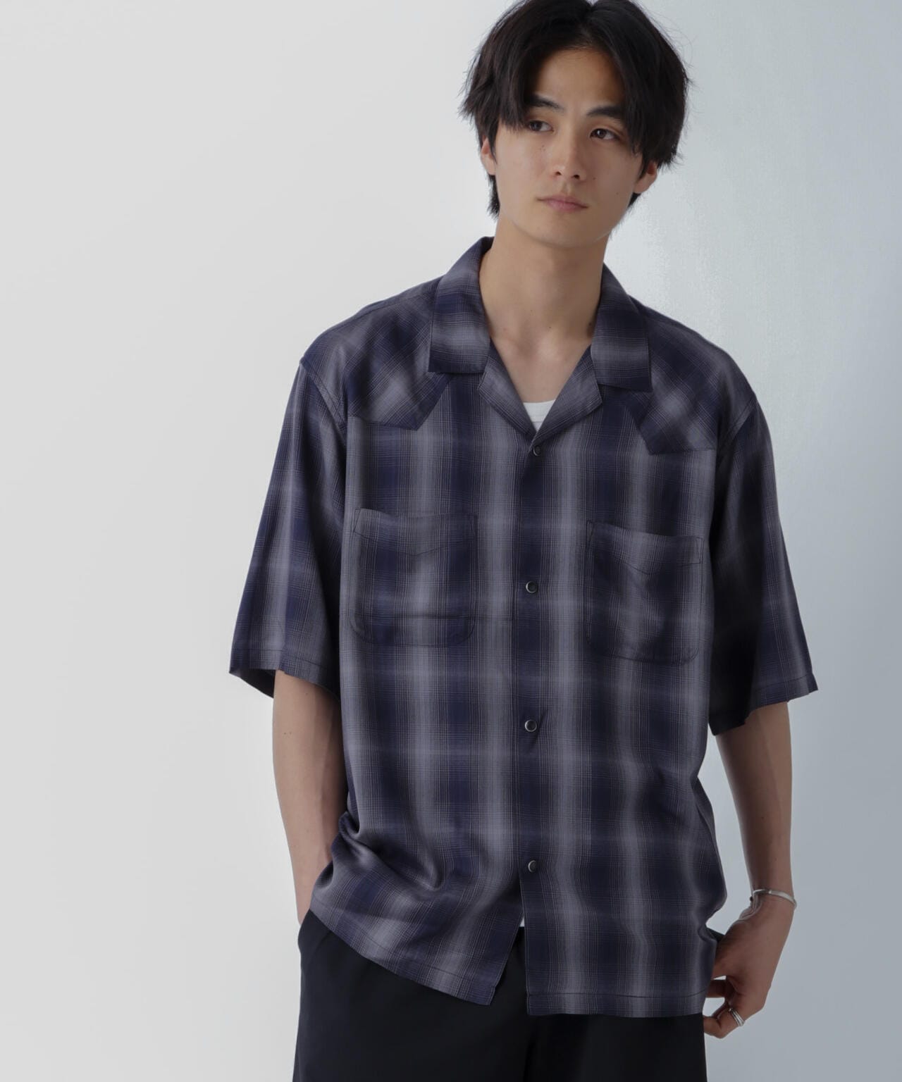 レーヨンオンブレチェックシャツ 半袖 6724121222