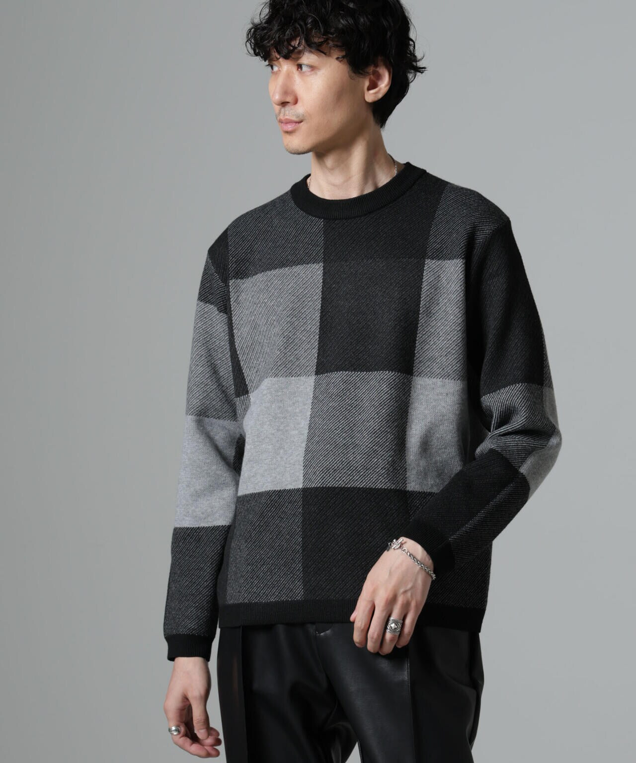 ブロックチェッククルーネックニット 6724222219