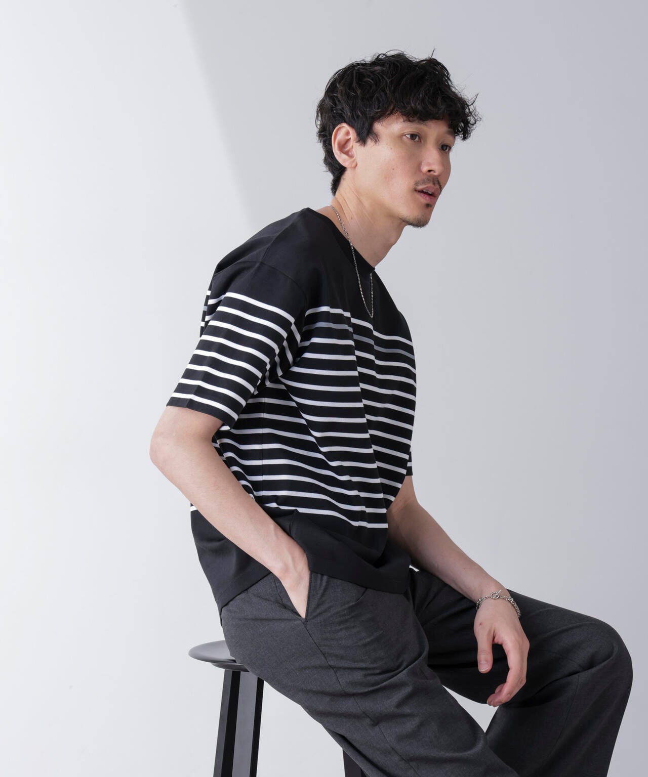 パネルボーダーリラックスTシャツ 半袖 6724224221