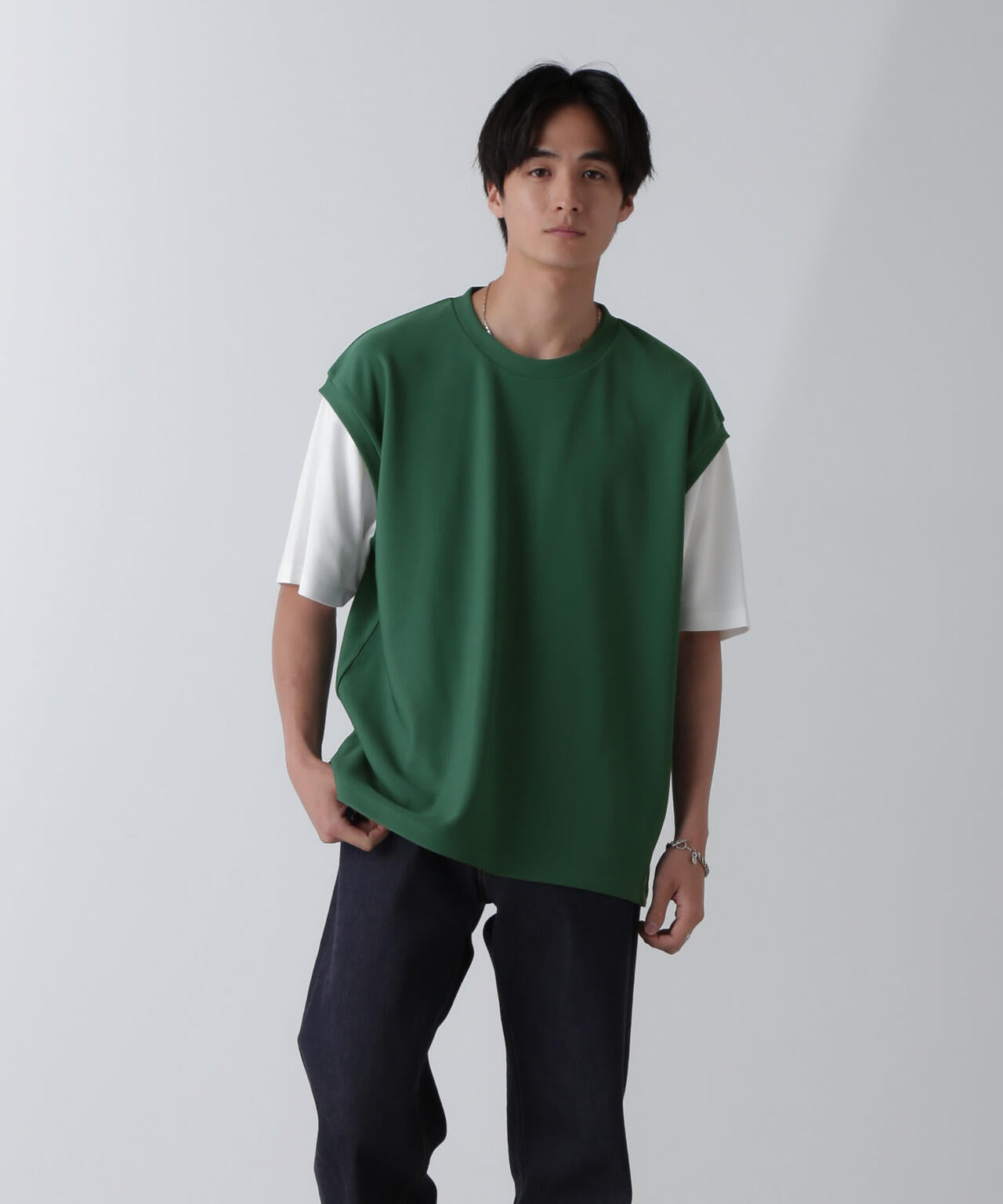フェイクレイヤードリラックスTシャツ 半袖 6724224224