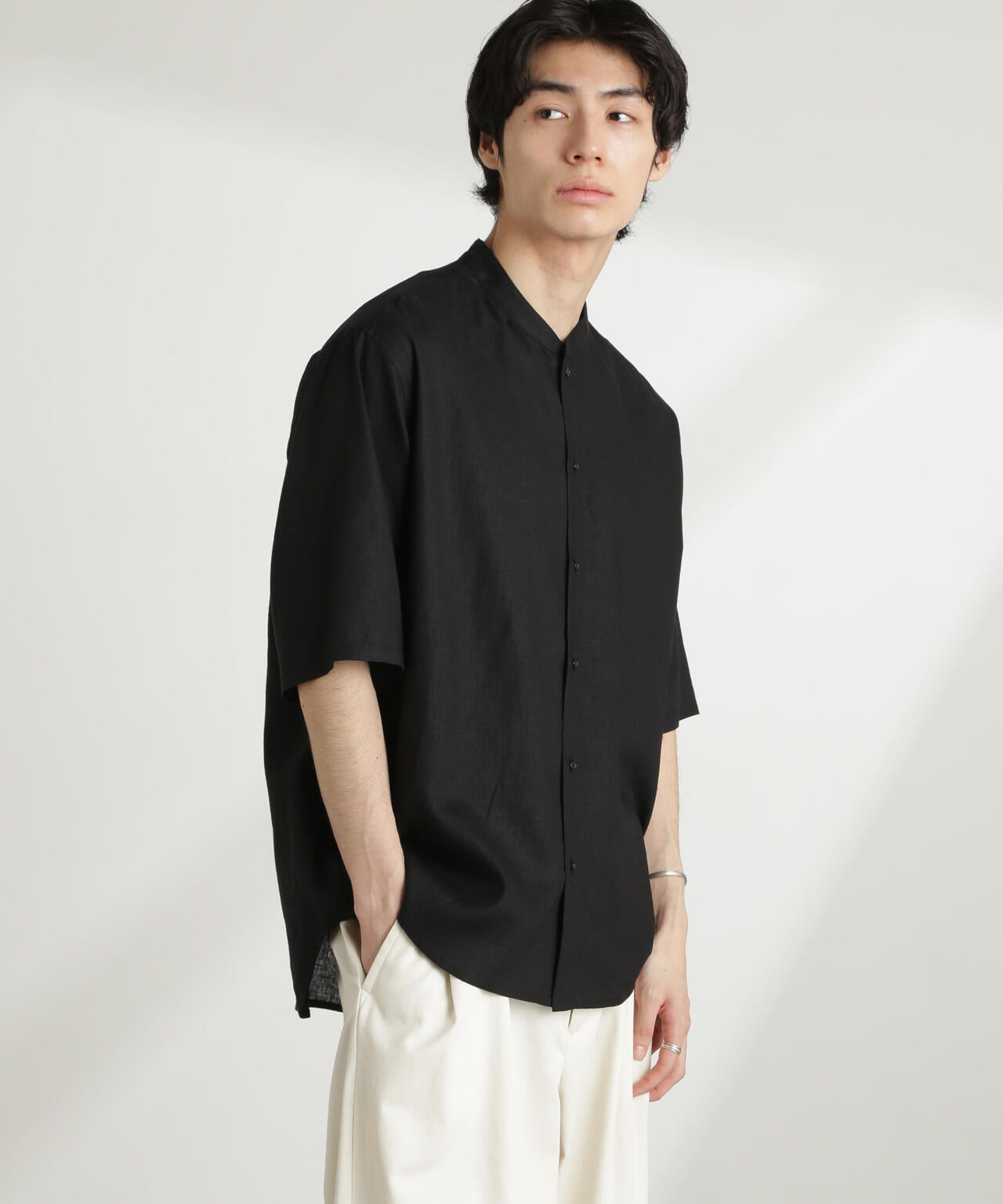 アンチスメル リネン バンドカラー シャツ 半袖