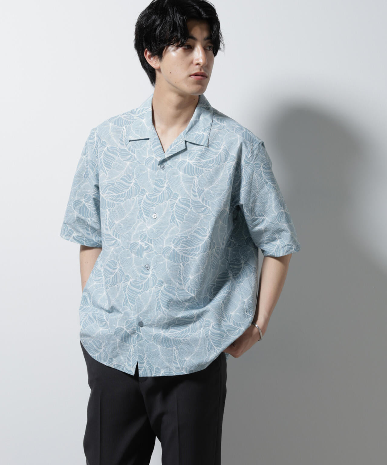 ボタニカルパターンサッカーシャツ 半袖(セットアップ可) 6725121234