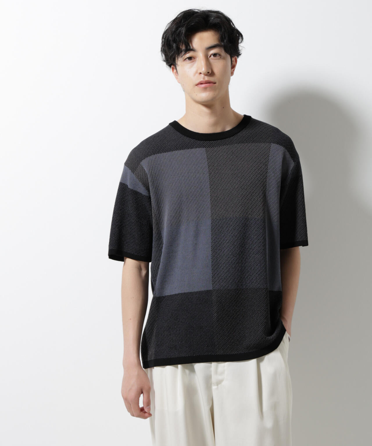 ブロックチェックニットTシャツ 半袖 6725122213