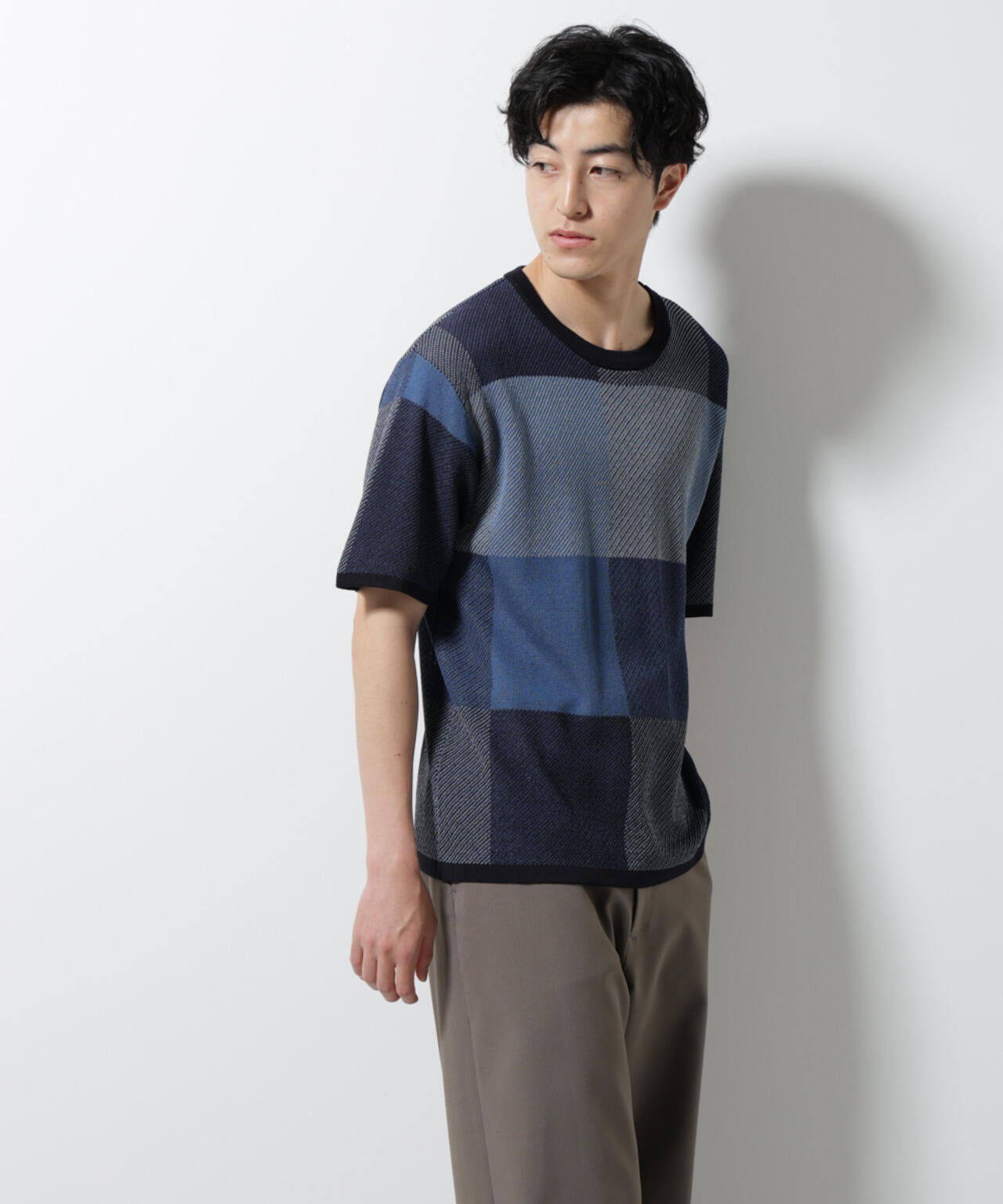 ブロックチェックニットTシャツ 半袖 6725122213