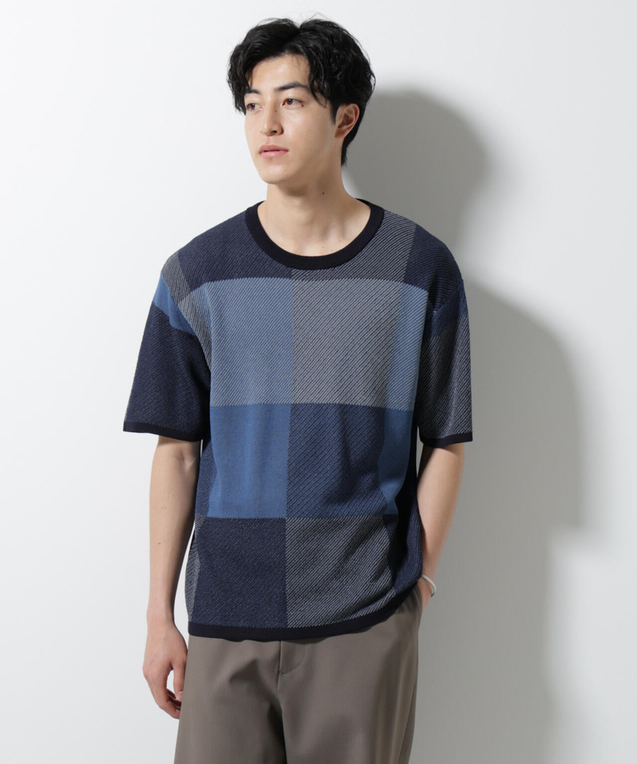 ブロックチェックニットTシャツ 半袖 6725122213