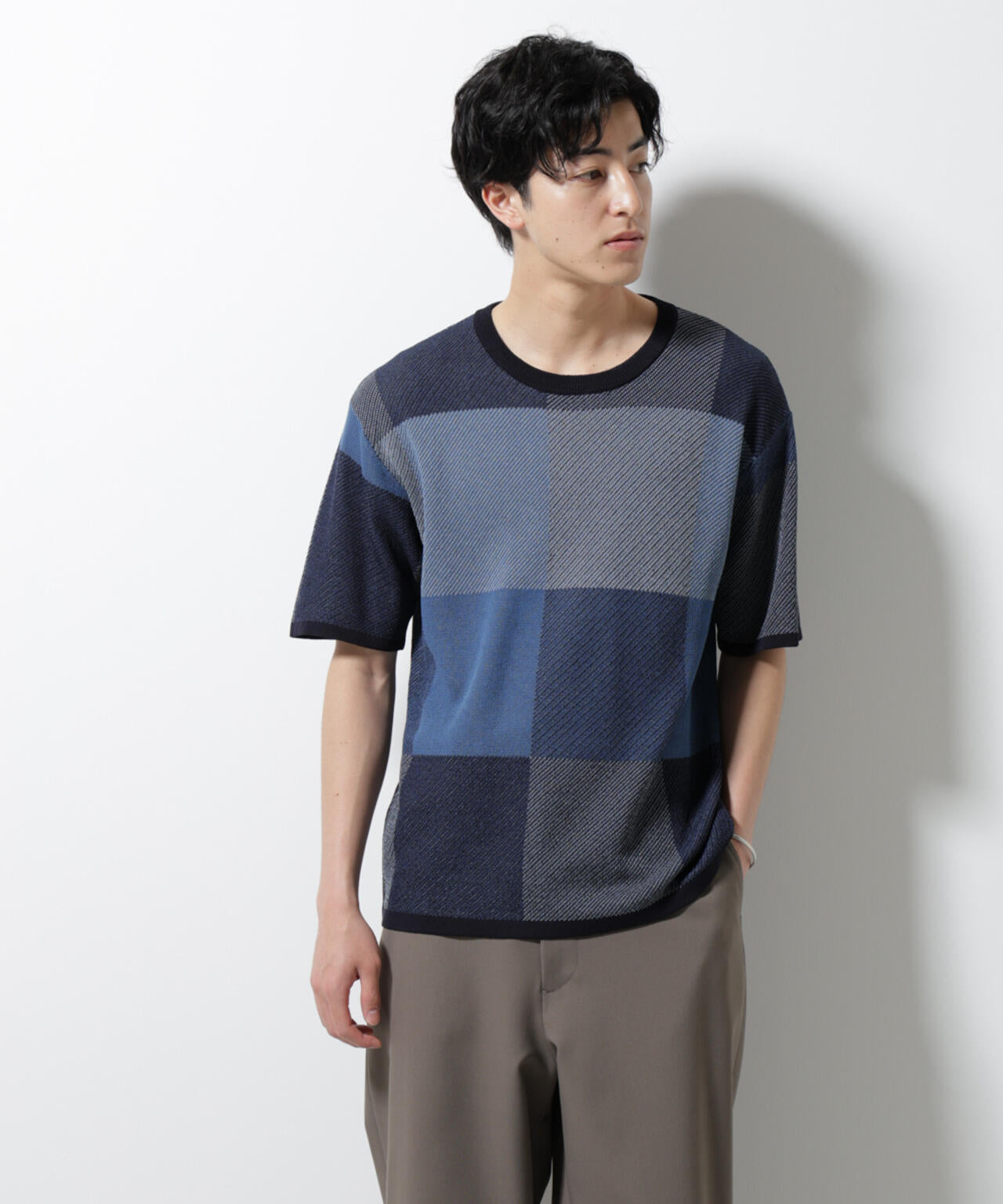 ブロックチェックニットTシャツ 半袖 6725122213