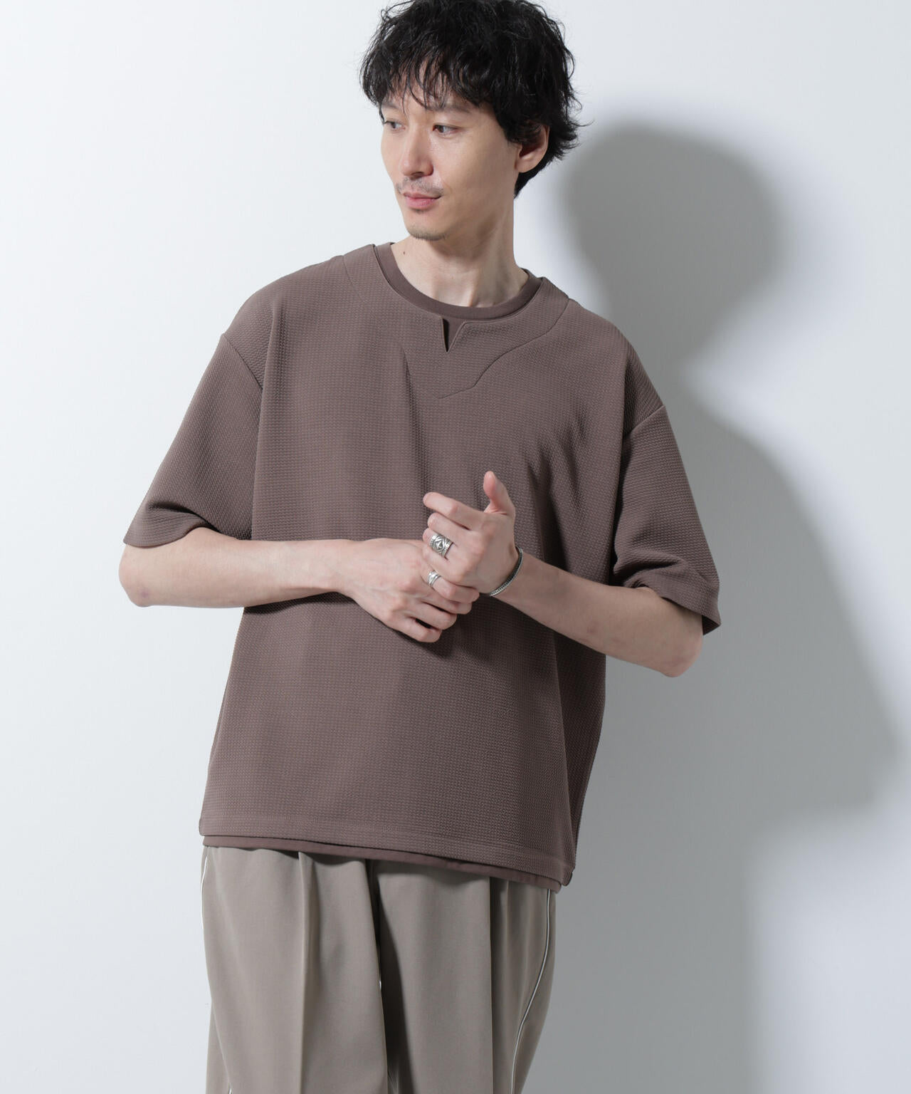 フェイクレイヤードキーネックTシャツ 半袖 6725124246