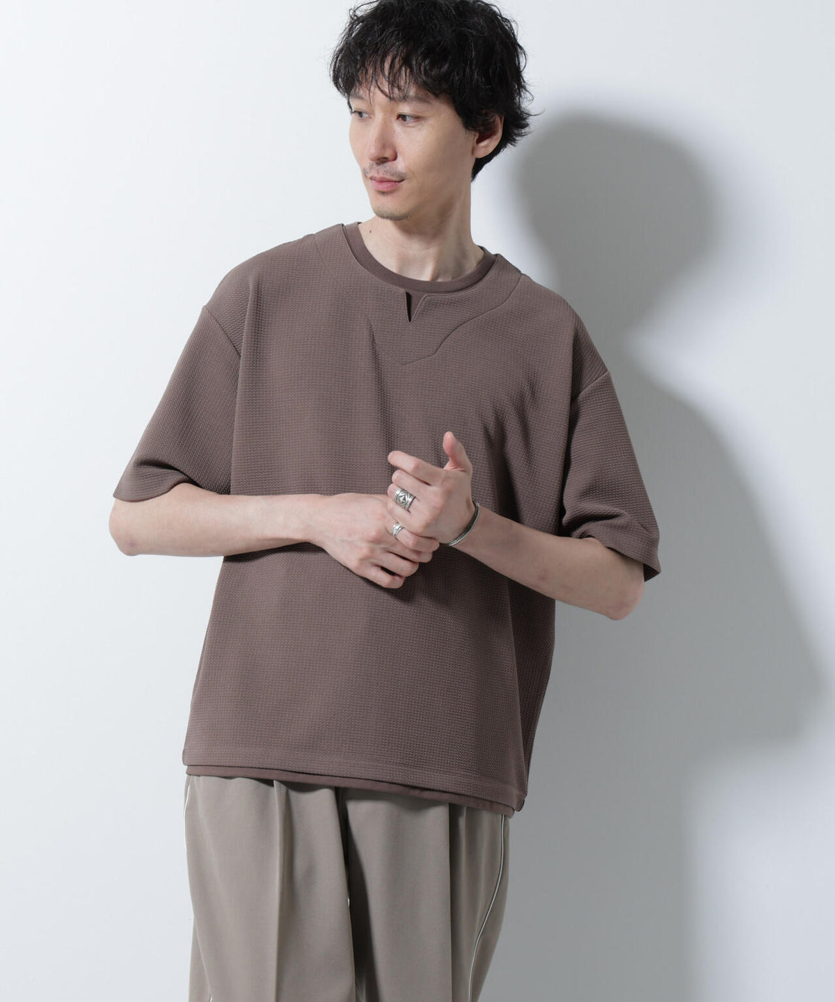 フェイクレイヤードキーネックTシャツ 半袖 6725124246