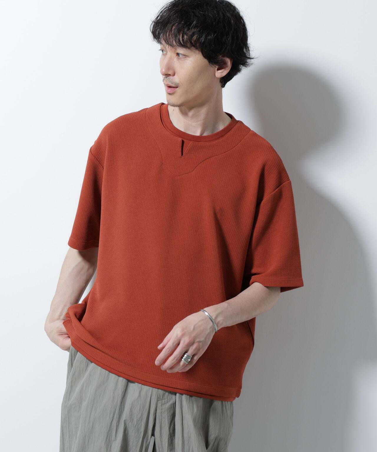 フェイクレイヤードキーネックTシャツ 半袖 6725124246