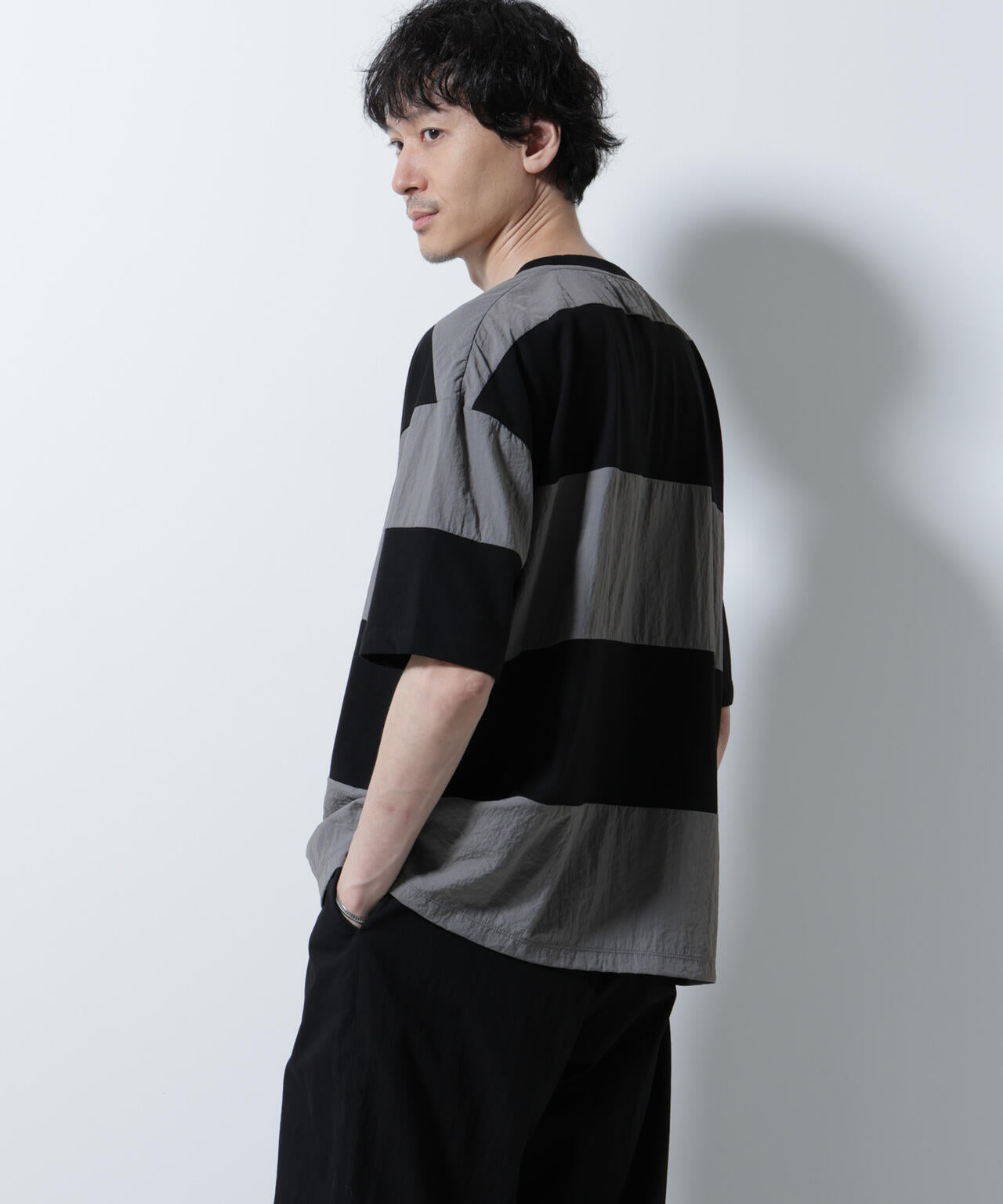 リラックス異素材ボーダーTシャツ 半袖 6725124249