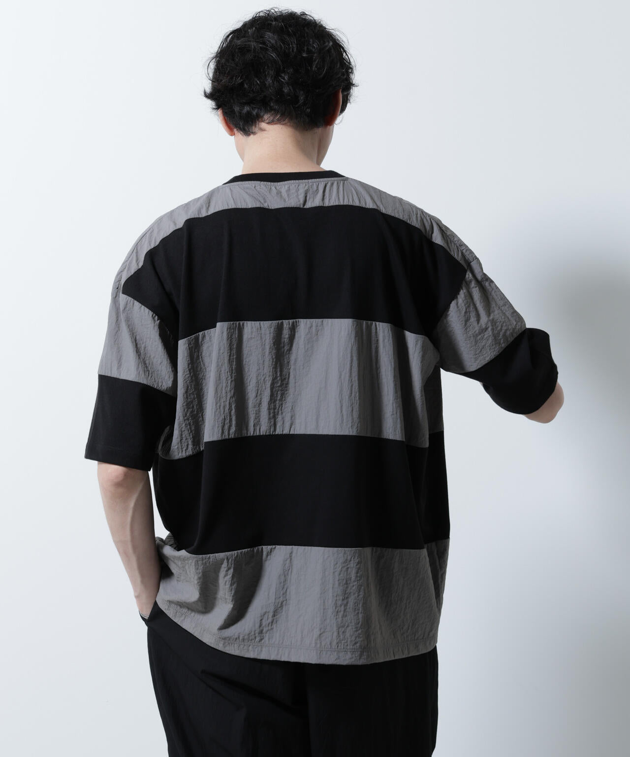 リラックス異素材ボーダーTシャツ 半袖 6725124249