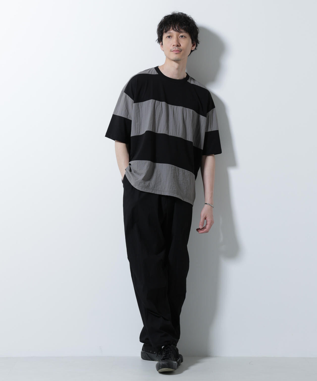 リラックス異素材ボーダーTシャツ 半袖 6725124249