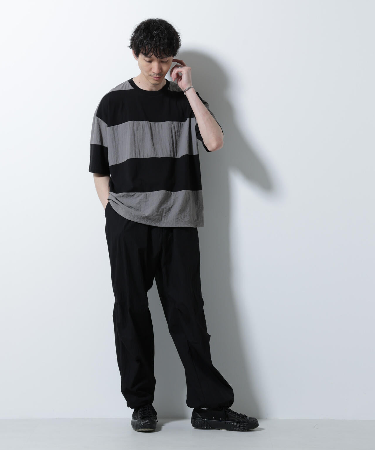 リラックス異素材ボーダーTシャツ 半袖 6725124249