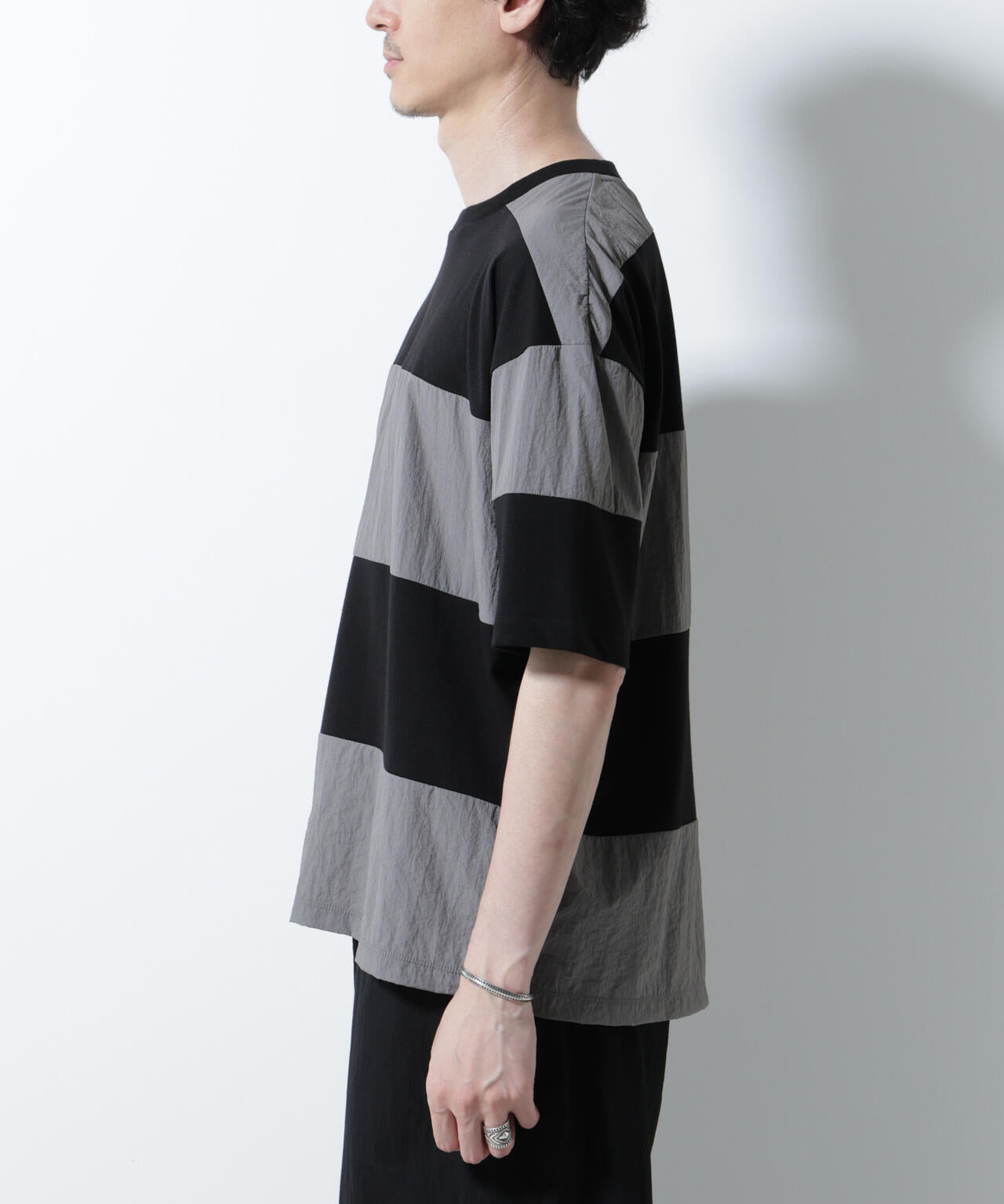 リラックス異素材ボーダーTシャツ 半袖 6725124249