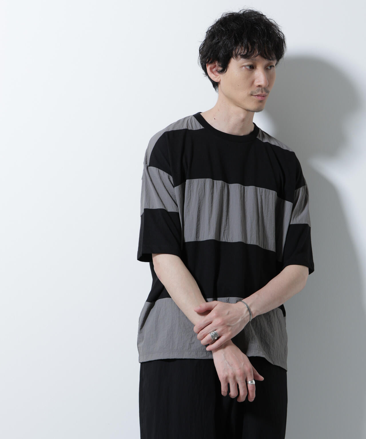 リラックス異素材ボーダーTシャツ 半袖 6725124249