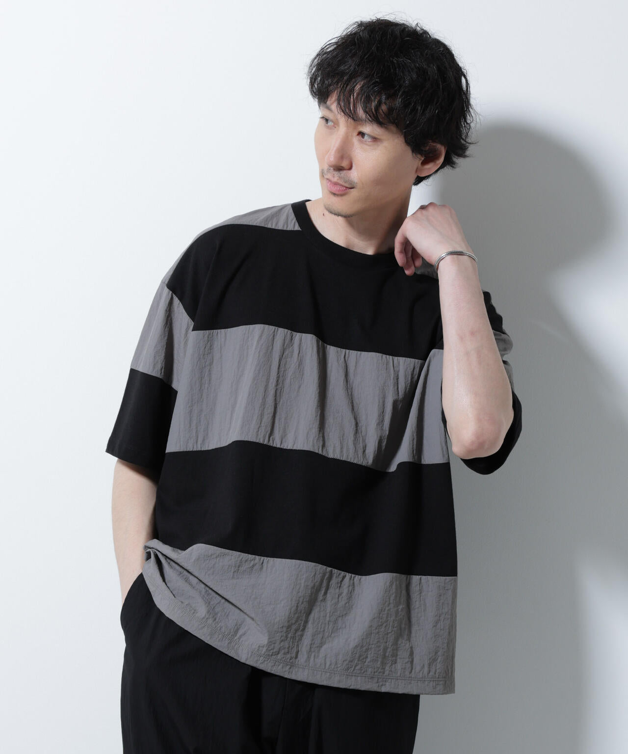 リラックス異素材ボーダーTシャツ 半袖 6725124249