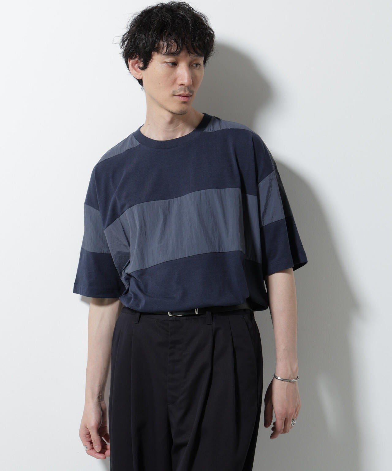 リラックス異素材ボーダーTシャツ 半袖 6725124249