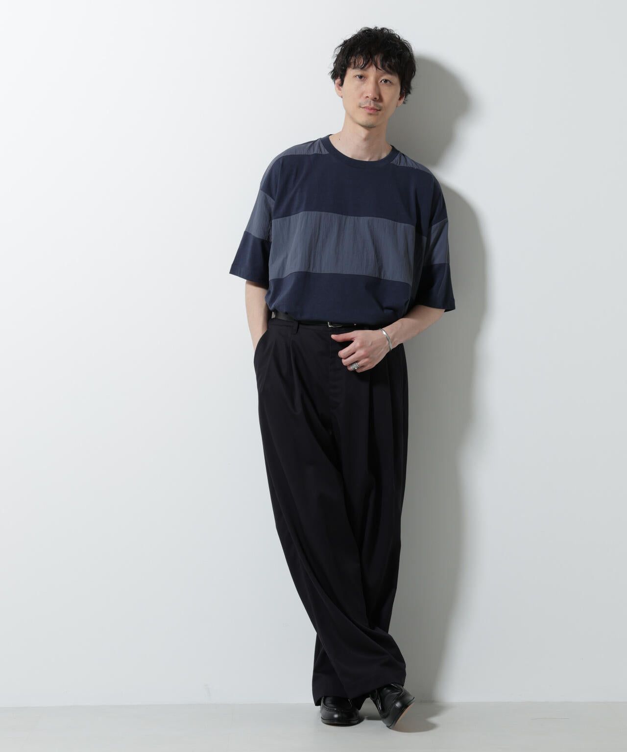 リラックス異素材ボーダーTシャツ 半袖 6725124249