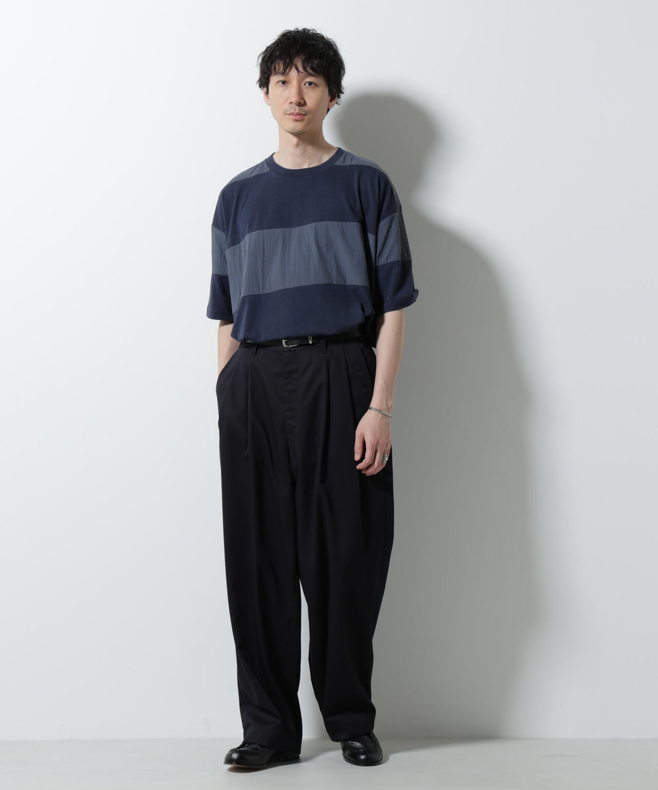 リラックス異素材ボーダーTシャツ 半袖 6725124249