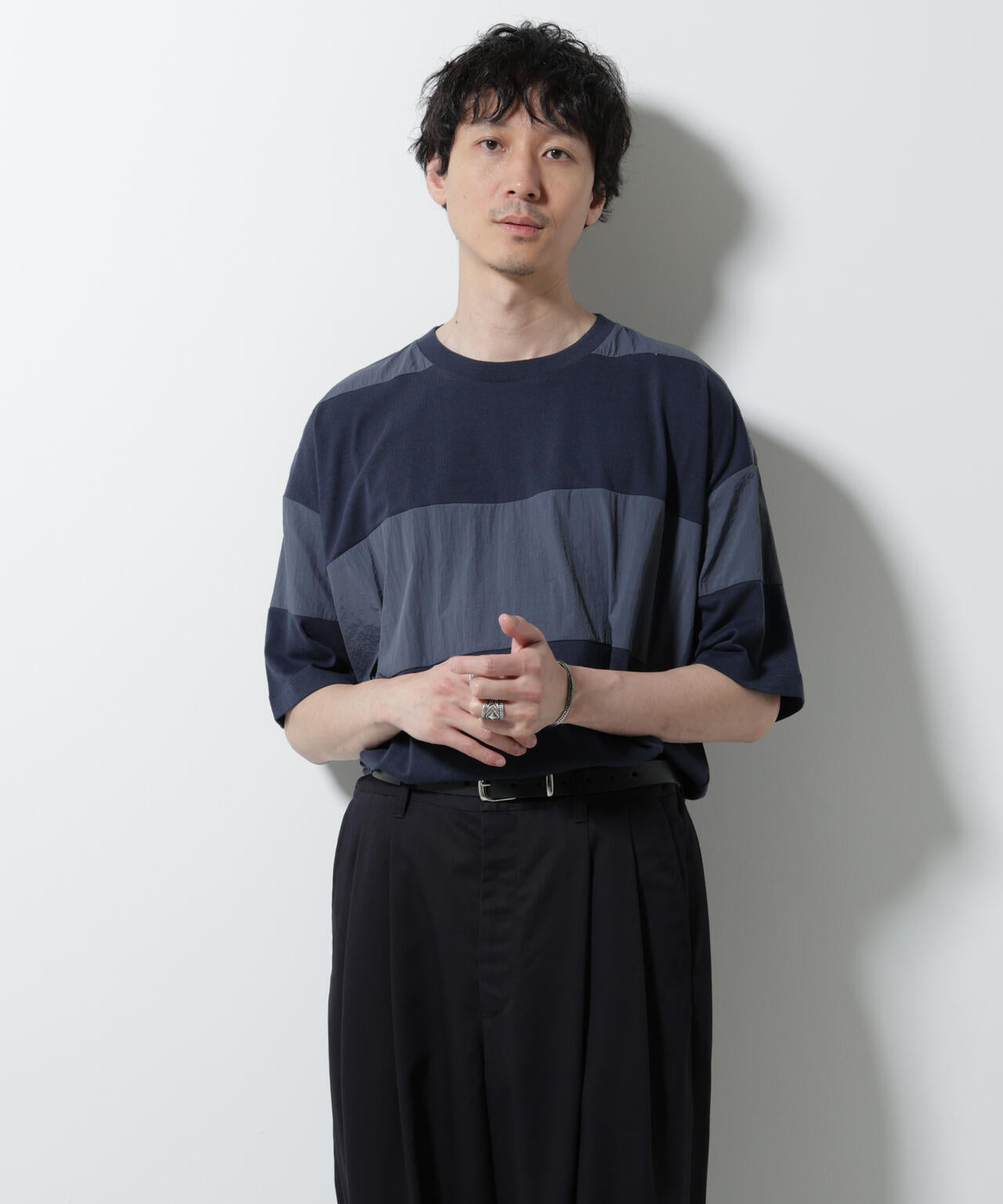 リラックス異素材ボーダーTシャツ 半袖 6725124249